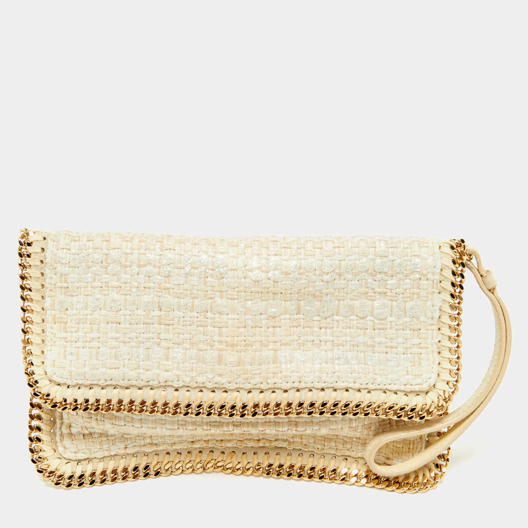Pre Owned Stella McCartney Ivory Woven Glitter Fabric Falabella Wristlet Clutch