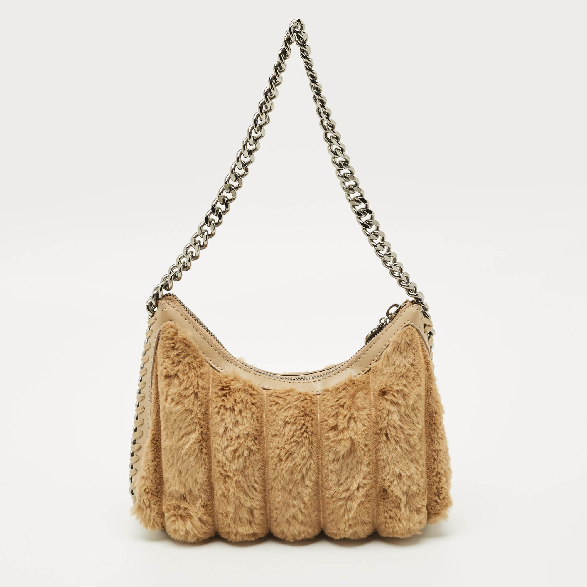 Pre Owned Stella McCartney Beige Faux Fur and Faux Leather Mini Quilted Falabella Bag