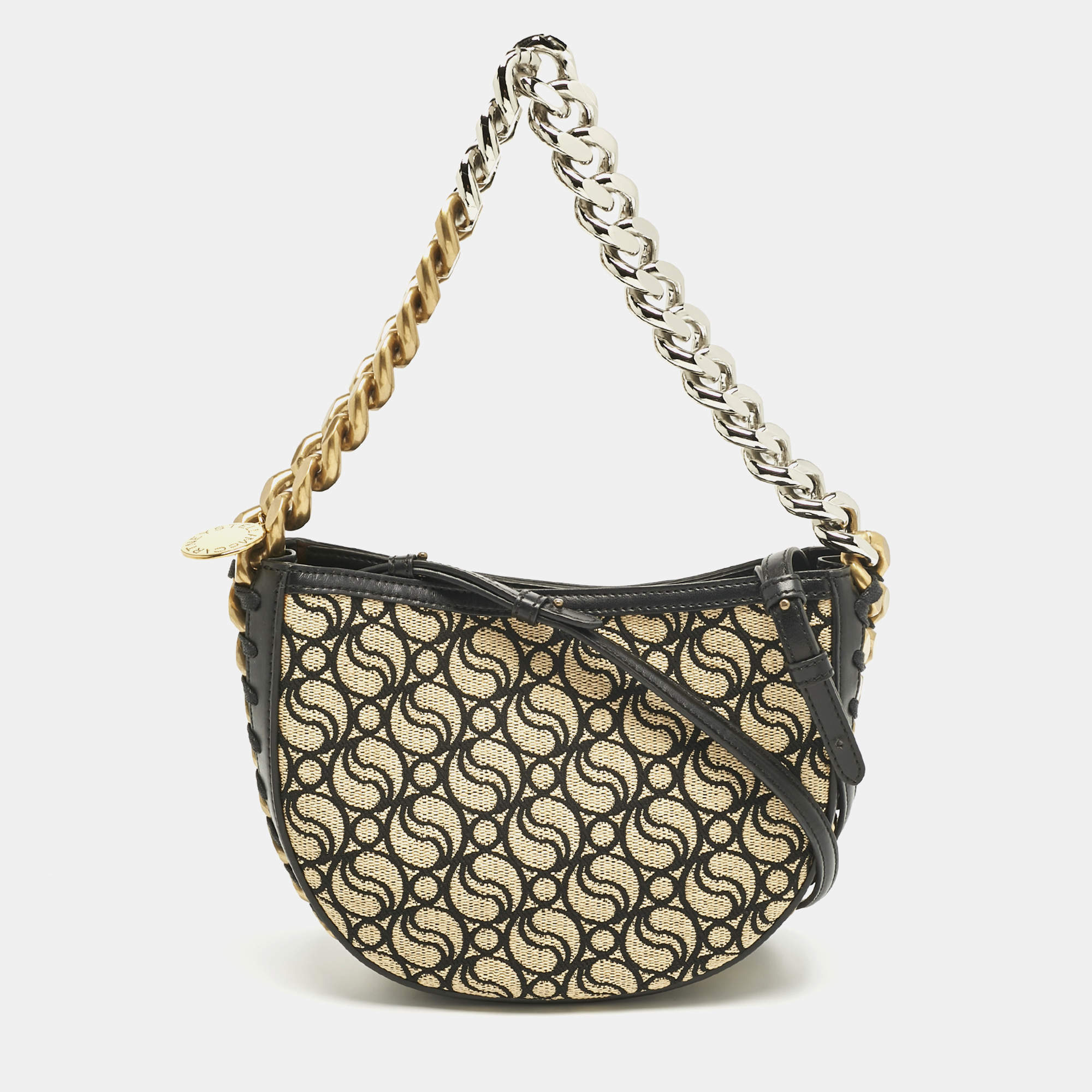 Pre Owned Stella McCartney Black/Cream Faux Leather and Raffia Medium S Wave Frayme Bag