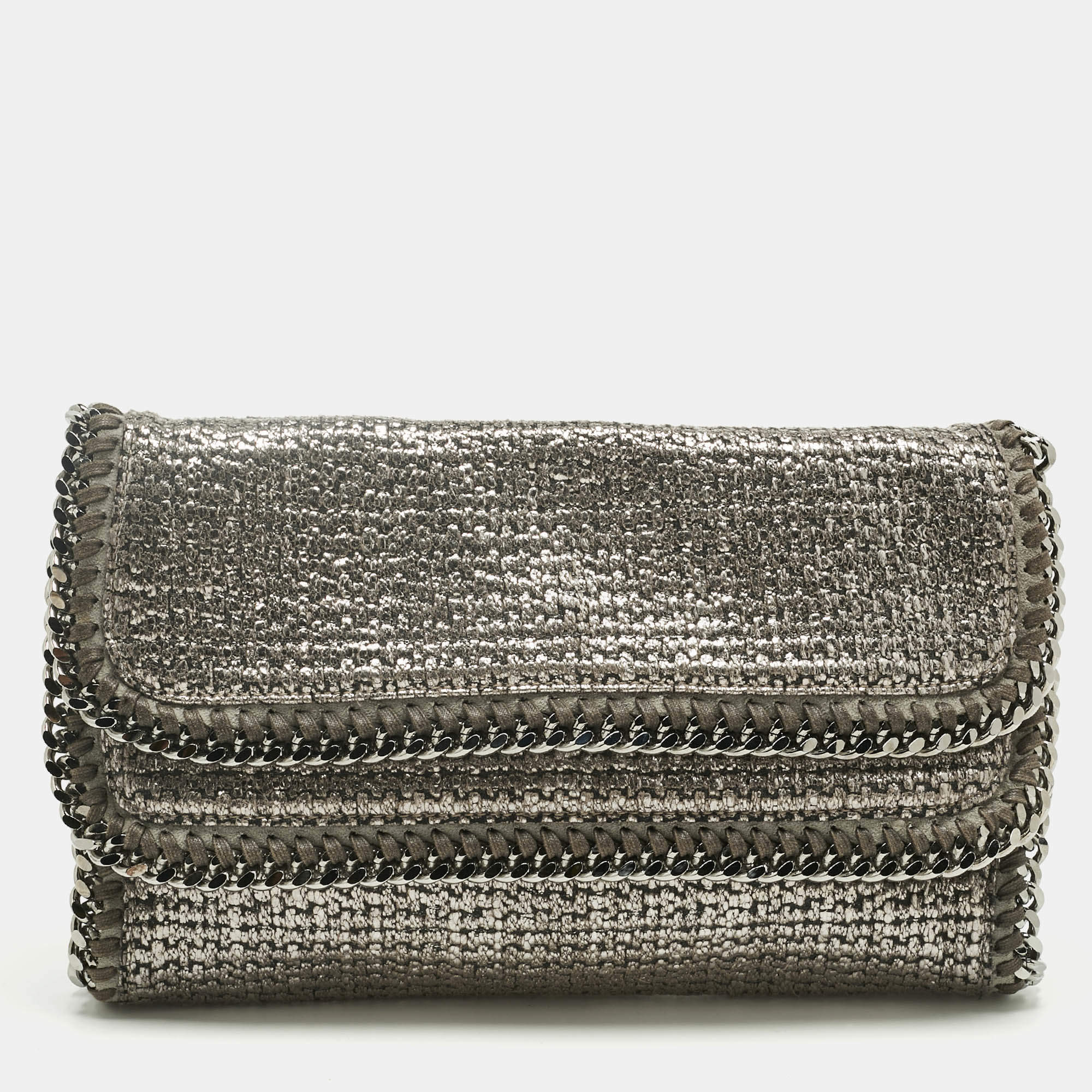 Pre Owned Stella McCartney Metallic Grey Woven Coated Fabric Falabella Fold Over Clutch