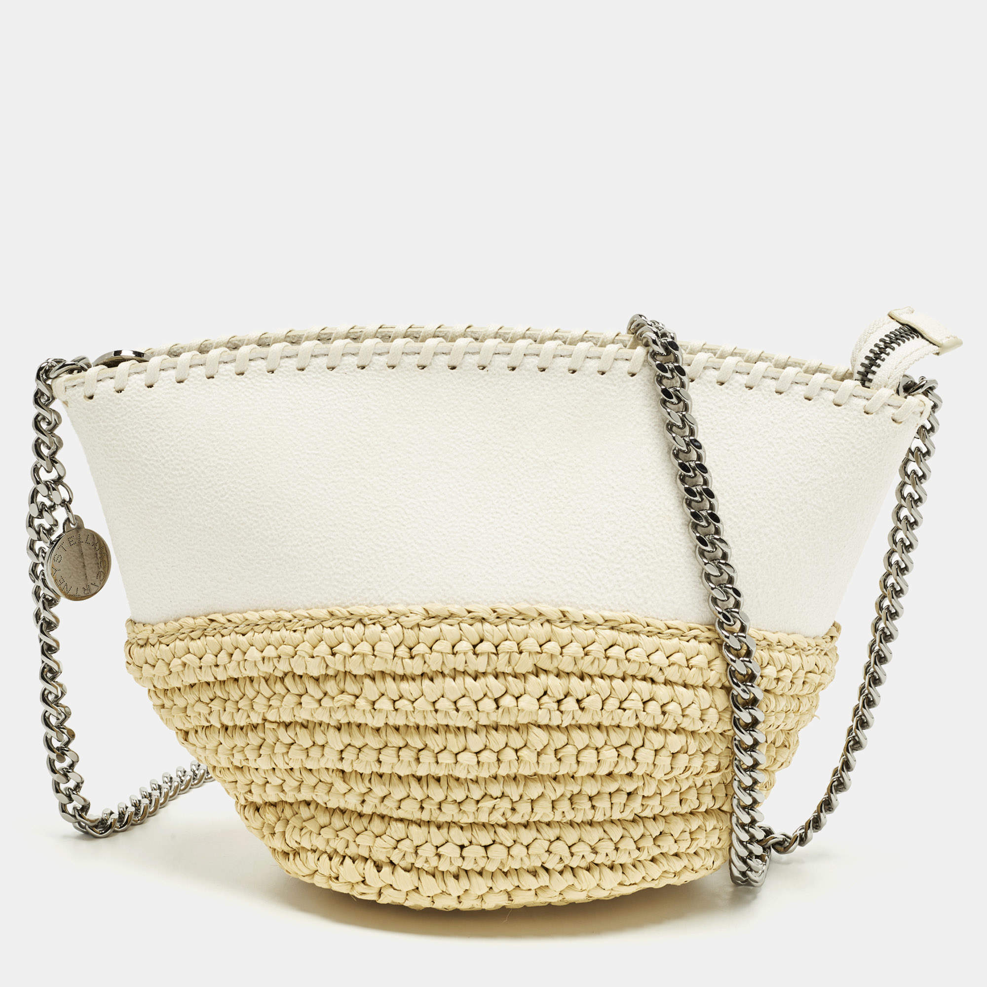 مملوكة مسبقًا Stella McCartney Falabella White/Beige Faux Suede and Raffia Bucket Bag