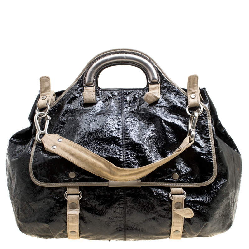 Stella McCartney Black Faux Patent Leather and Canvas Top Handle Bag ...