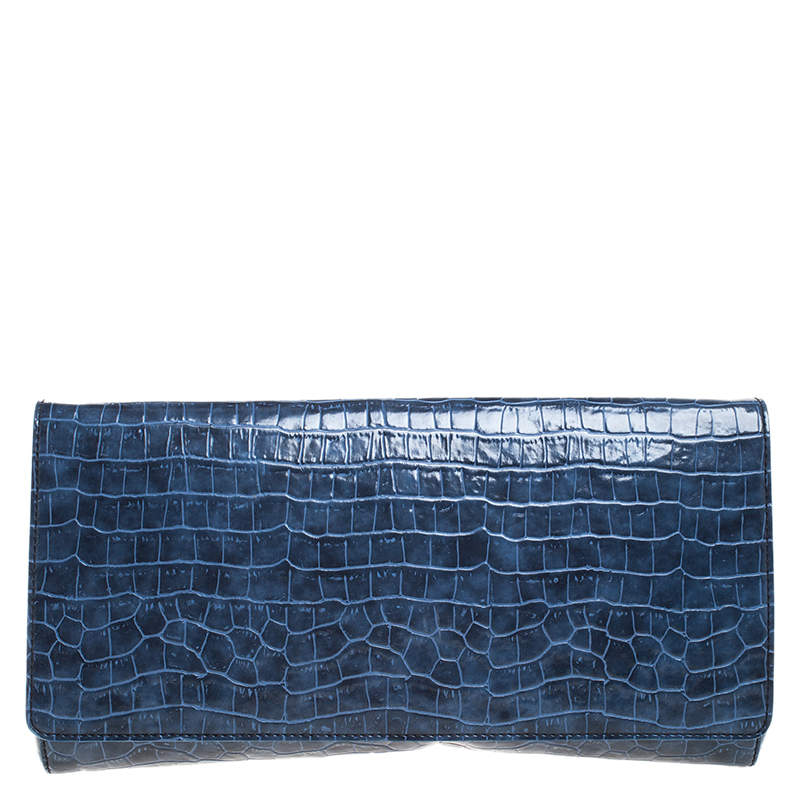 Pre Owned Stella McCartney Blue Faux Croc Leather Oversized Flap Clutch