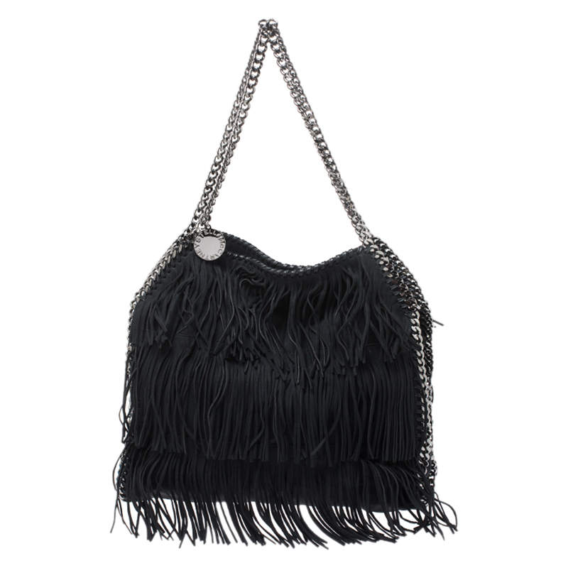 Stella McCartney Black Faux Suede Falabella Fringed Tote