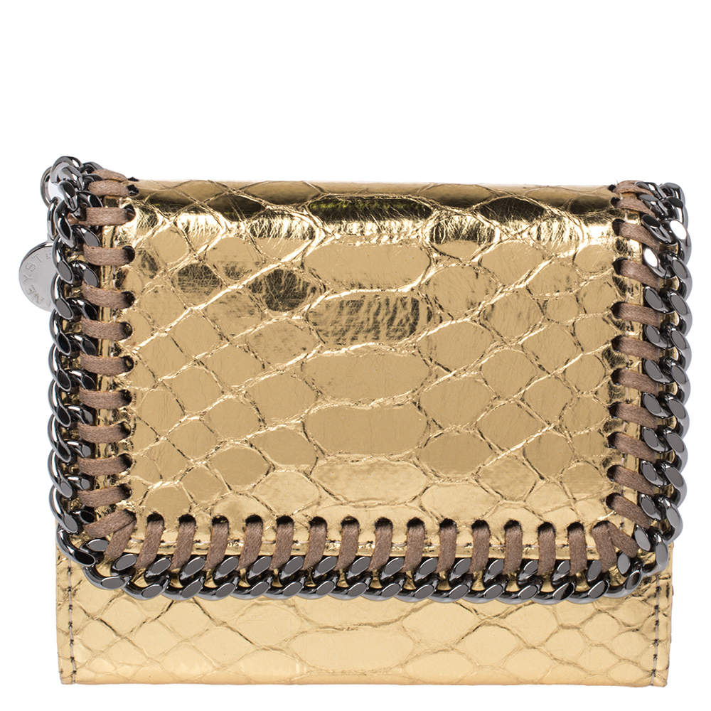 Pre Owned Stella McCartney Gold Python Effect Faux Patent Leather Falabella Wallet