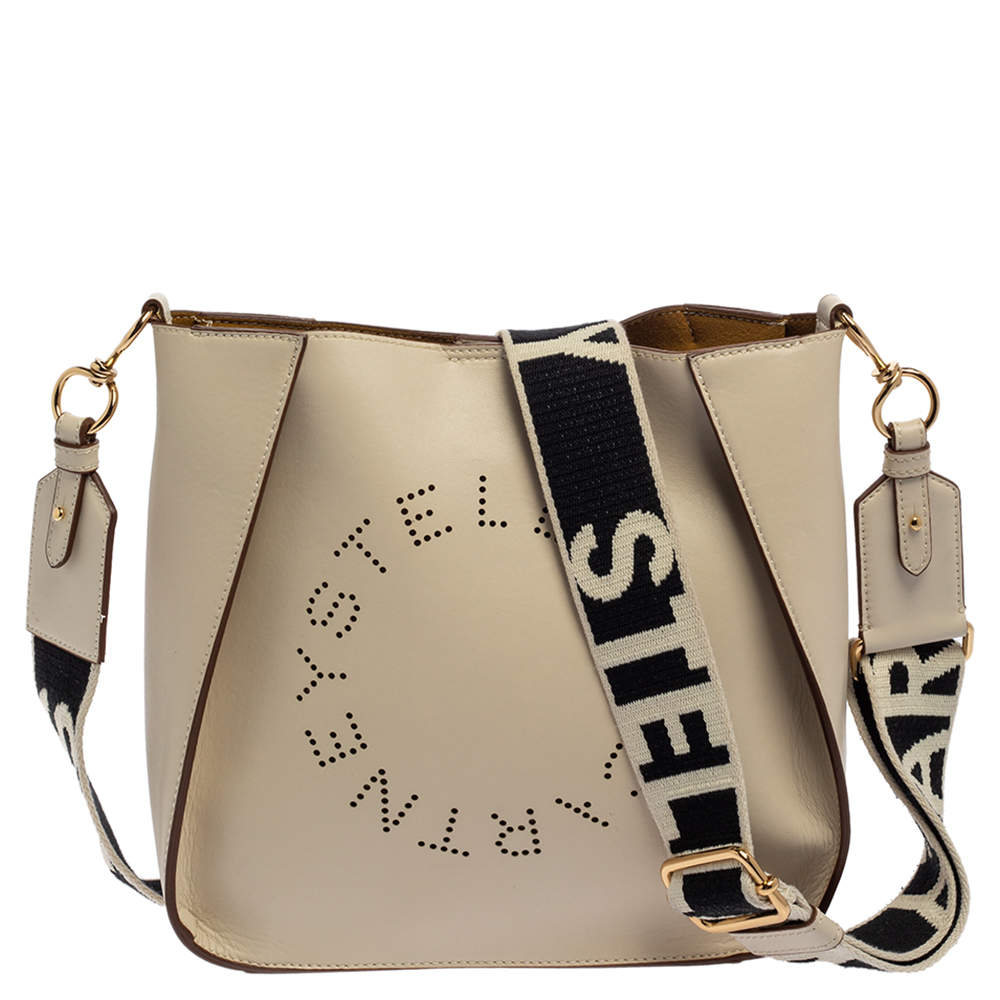 Pre Owned Stella McCartney Cream Faux Leather Perforated Logo Messenger Bag
