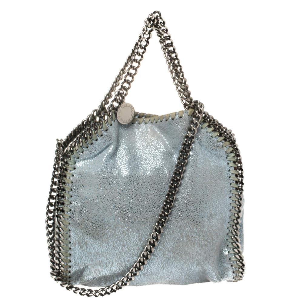 Pre Owned Stella McCartney Metallic Light Blue Faux Leather Mini Falabella Shoulder Bag