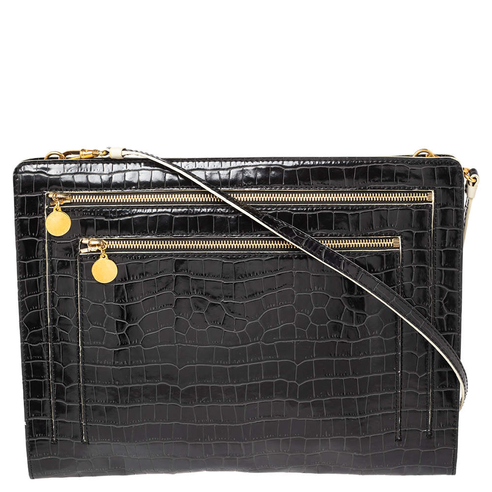 Pre Owned Stella McCartney Black Croc Embossed Faux Leather Clutch Bag