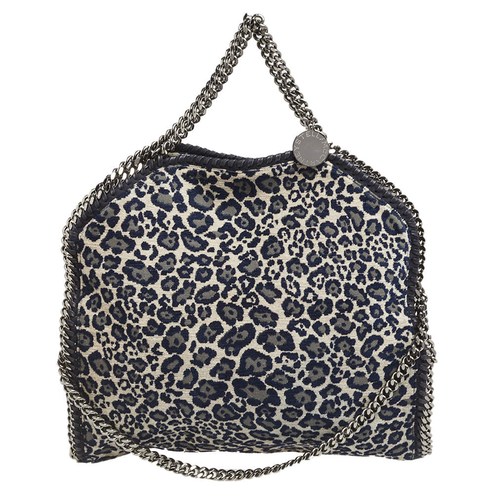 Pre Owned Stella McCartney Navy Blue Leopard Print Velvet Small Falabella Tote