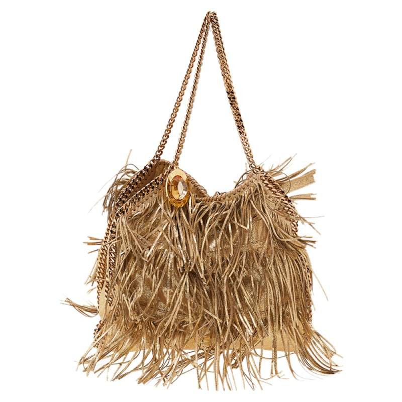 Pre Owned Stella McCartney Gold Faux Leather Fringe Falabella Shoulder Bag