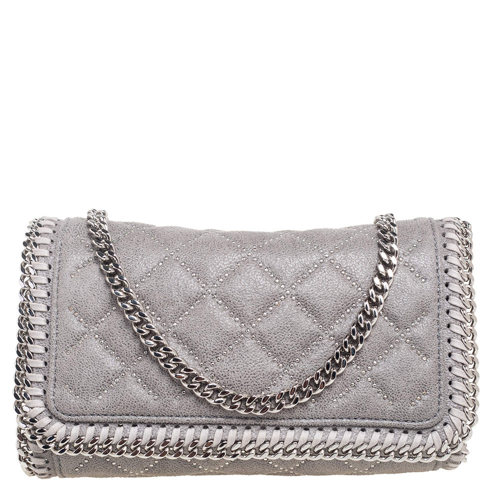 Pre Owned Stella McCartney Grey Quilted Faux Suede Studded Falabella Flap Shoulder Bag