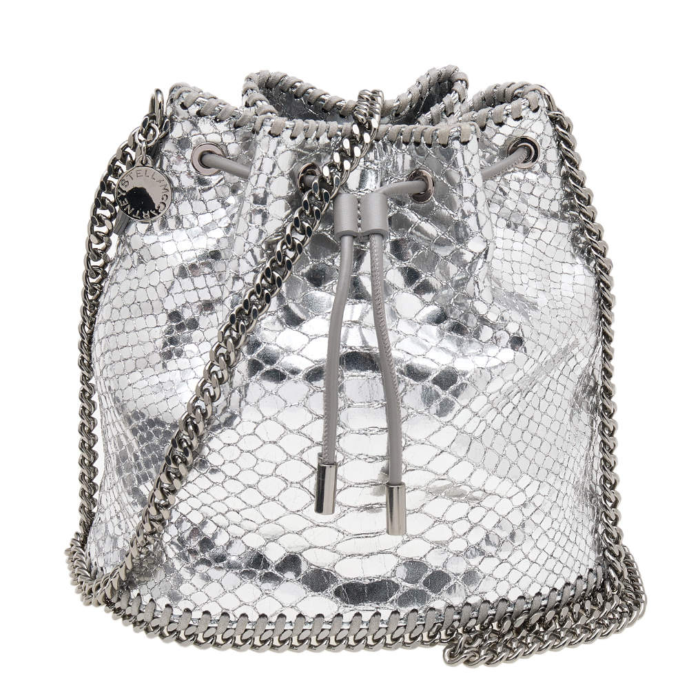 Pre Owned Stella McCartney Metallic Silver Faux Python Leather Falabella Bucket Bag