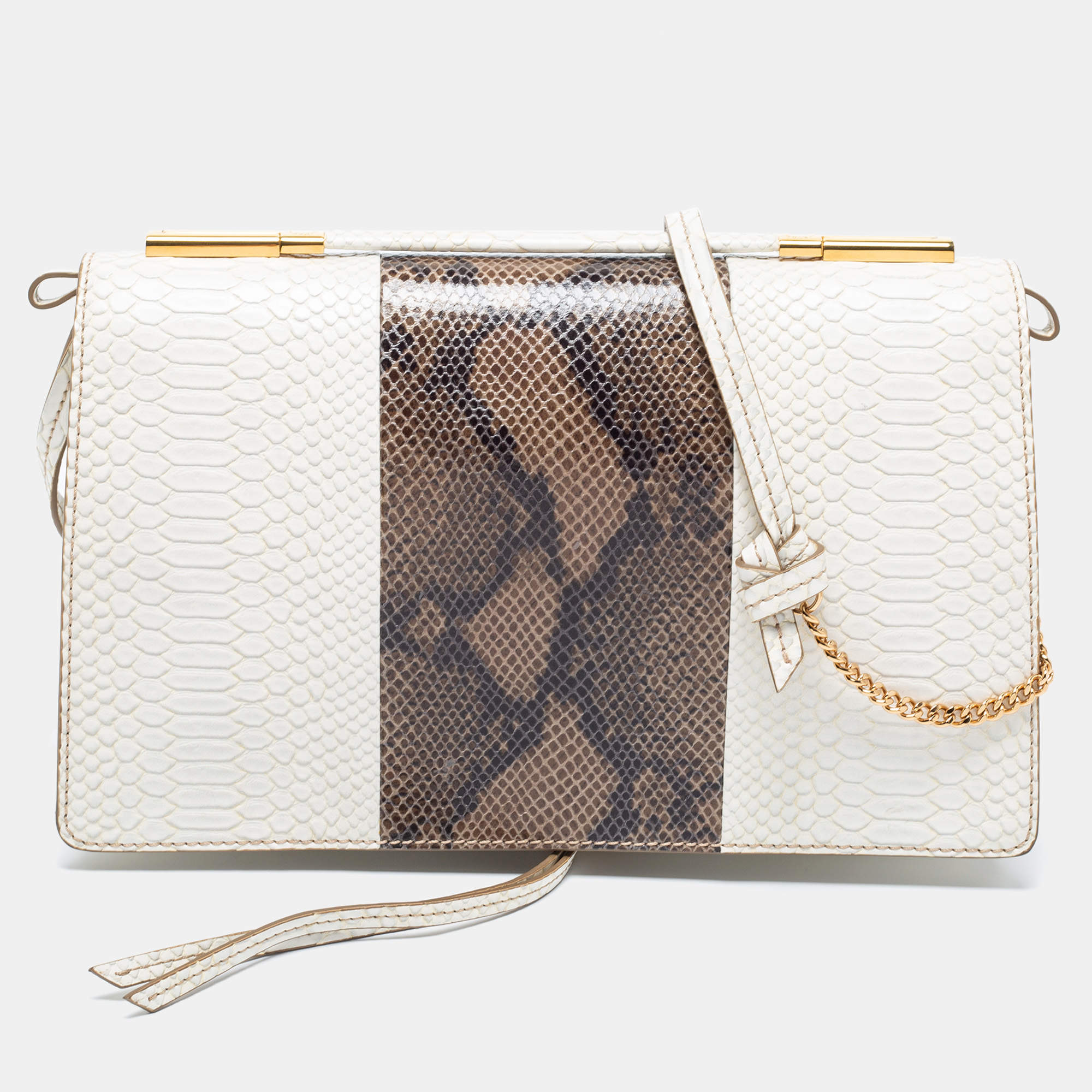 مملوكة مسبقًا Stella McCartney White/Green Faux Snakeskin Effect Leather Flo Shoulder Bag