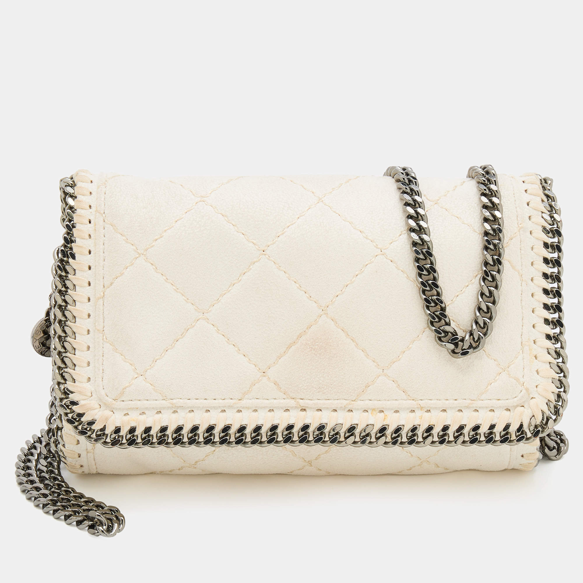 Pre Owned Stella McCartney White Quilted Faux Leather Falabella Shaggy Deer Flap Bag