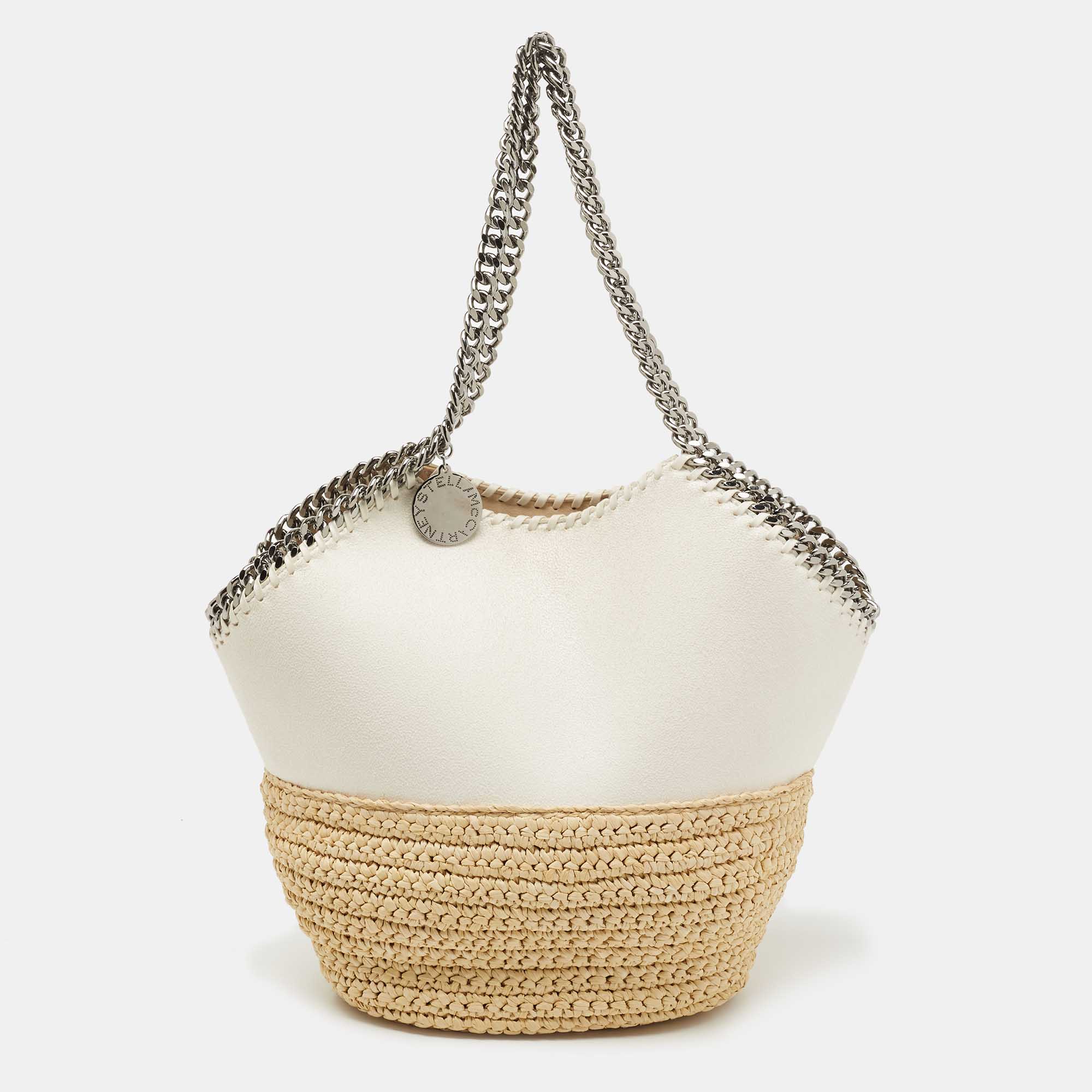  Stella McCartney White Faux Suede and Raffia Medium Falabella Tote
