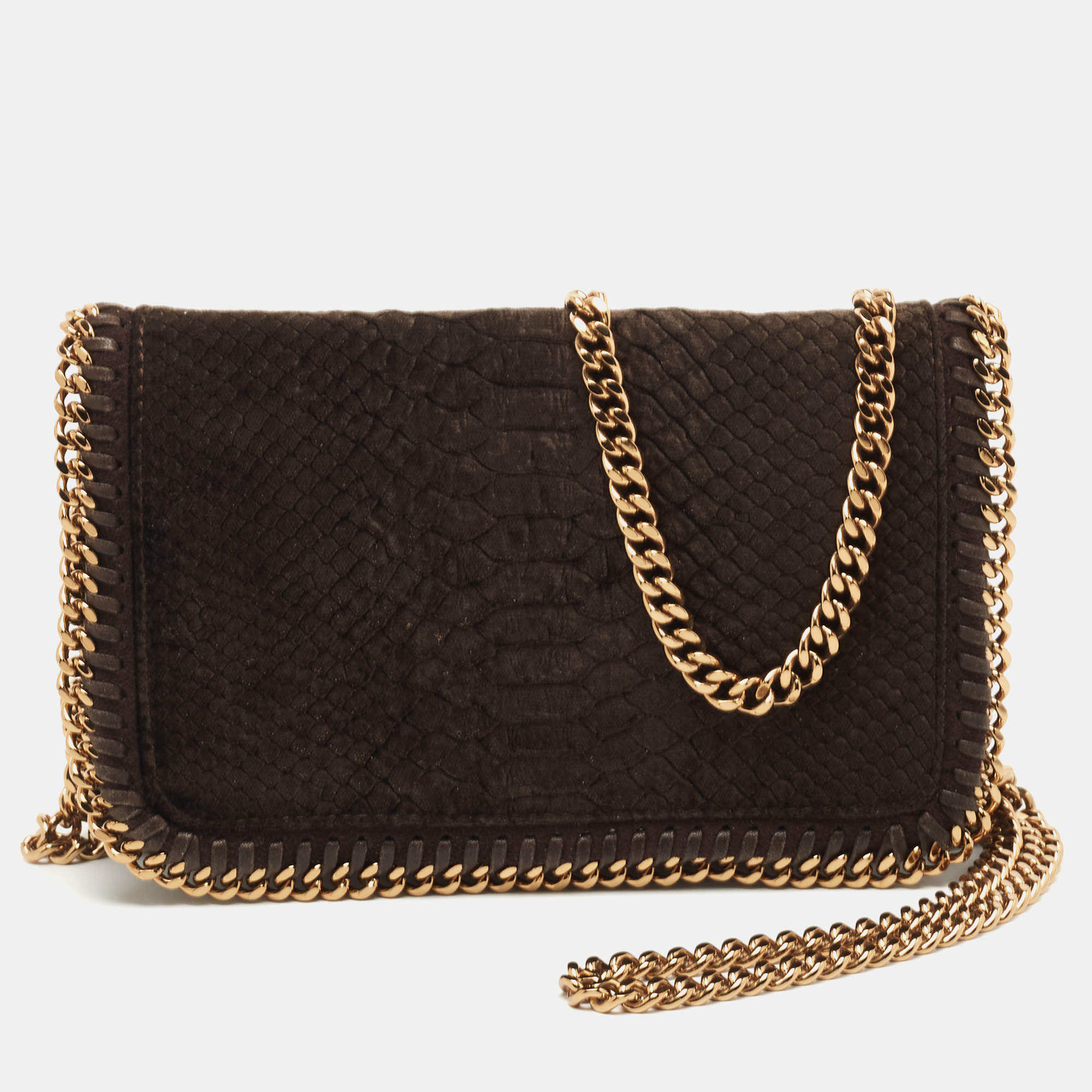 Pre Owned Stella McCartney Brown Python Embossed Velvet Falabella Flap Shoulder Bag