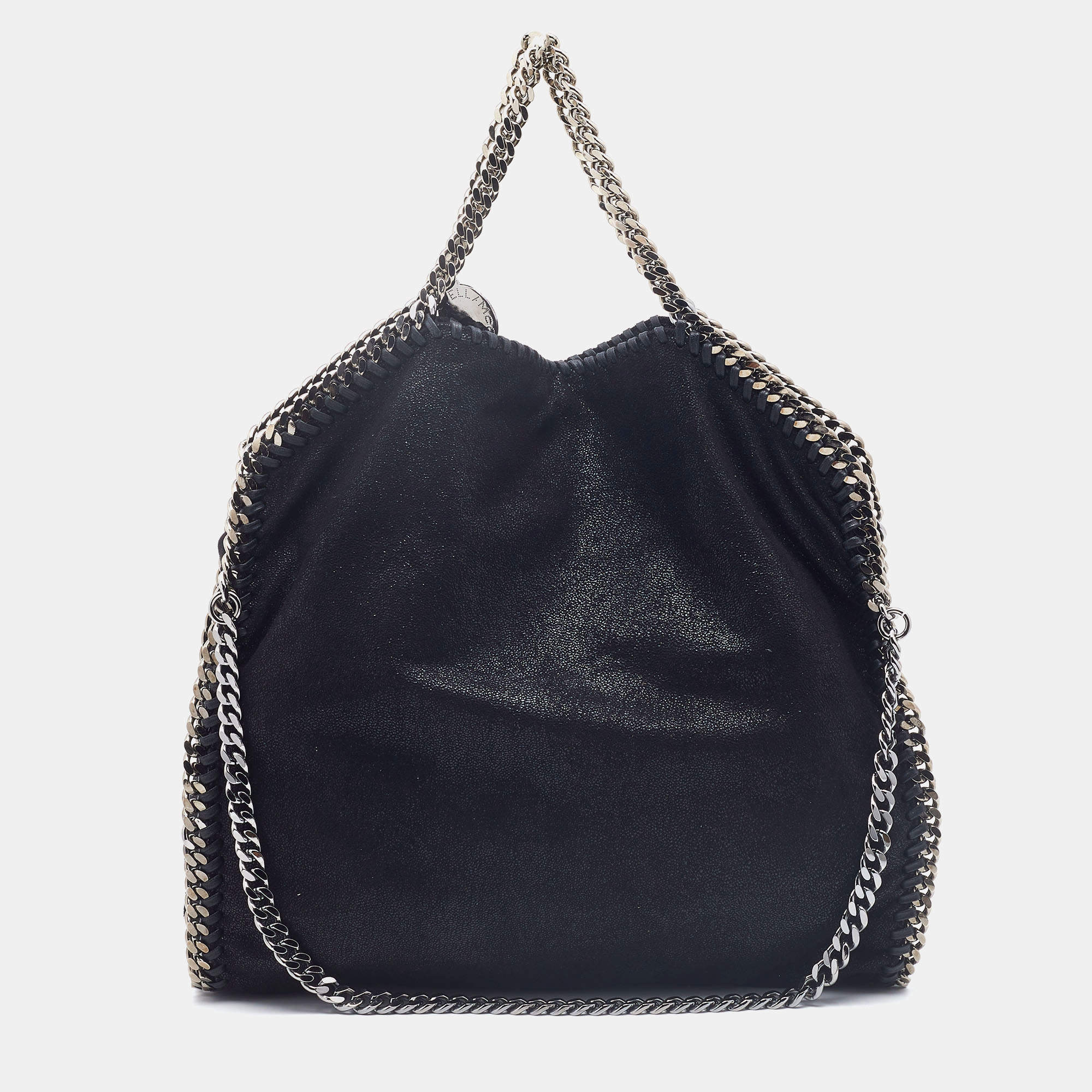 Pre Owned Stella McCartney Black Faux Leather Fold over Falabella Tote