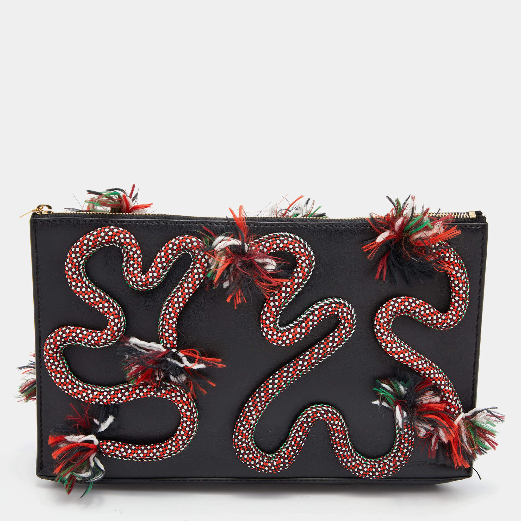 Pre Owned Stella McCartney Black Faux Leather Snake Rope Embellished Pouch Clutch