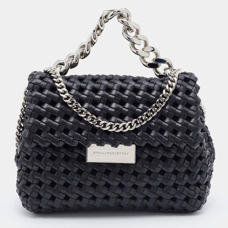 Pre Owned Stella McCartney Black Woven Faux Leather Falabella Top Handle Bag