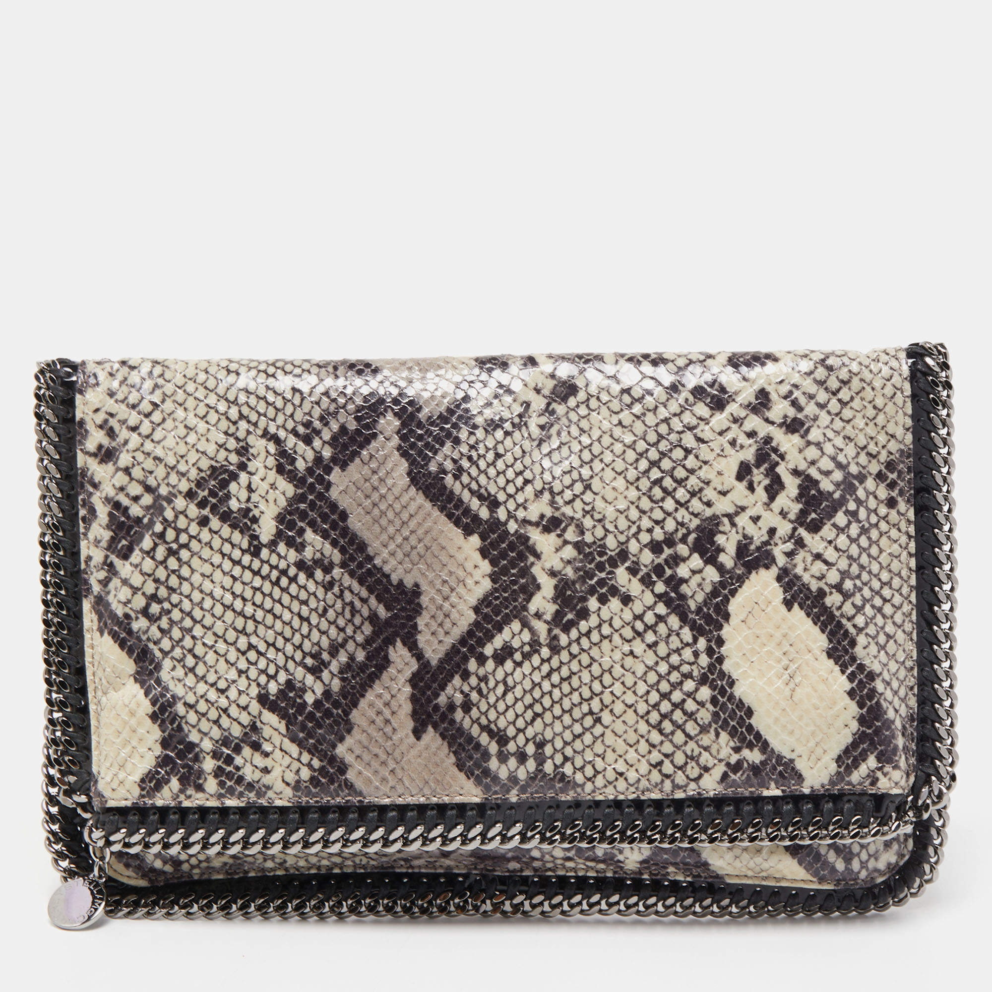 Stella McCartney Black/Grey Faux Python Leather Falabella Fold-Over Clutch