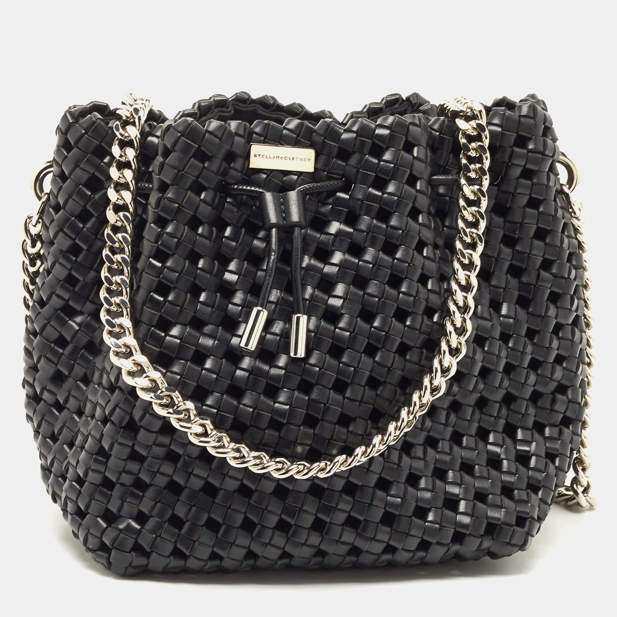 Pre Owned Stella McCartney Black Faux Woven Leather Bucket Bag