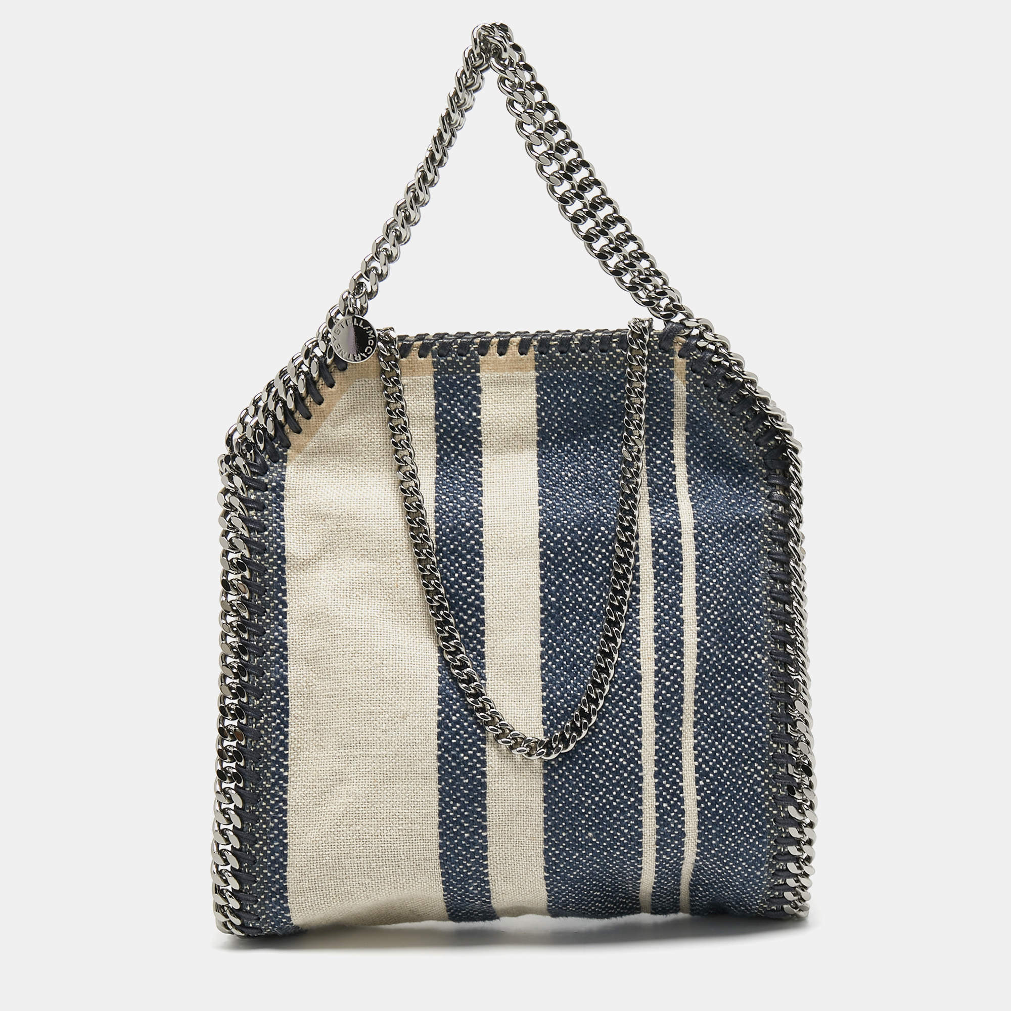 Pre Owned Stella McCartney Navy Blue Canvas Mini Striped Falabella Tote
