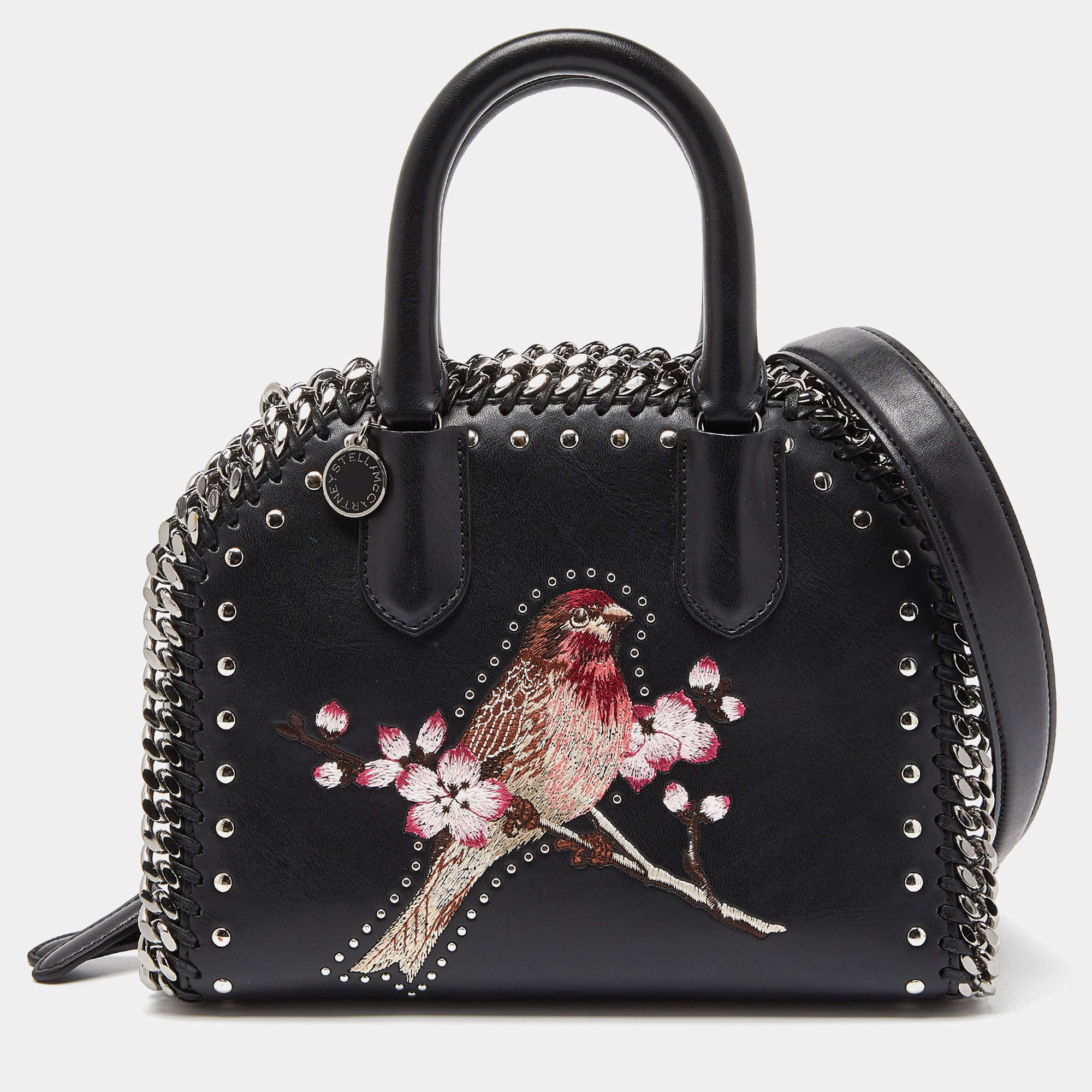 Pre Owned Stella McCartney Black Faux Leather Bird Embroidered Falabella Bag