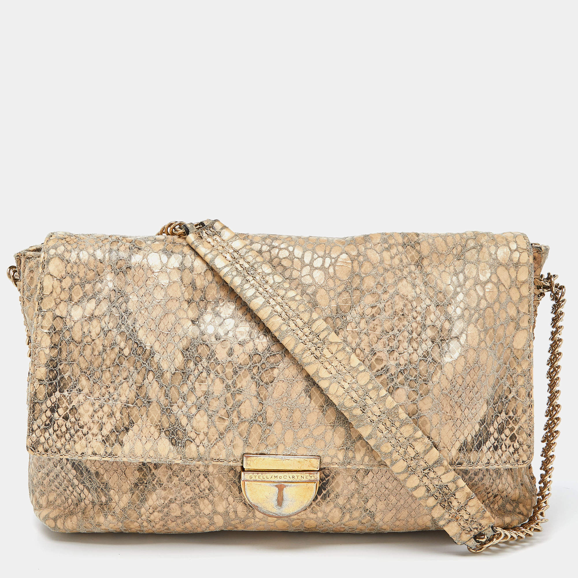 Pre Owned Stella McCartney Beige Python Embossed Leather Falabella Flap Shoulder Bag
