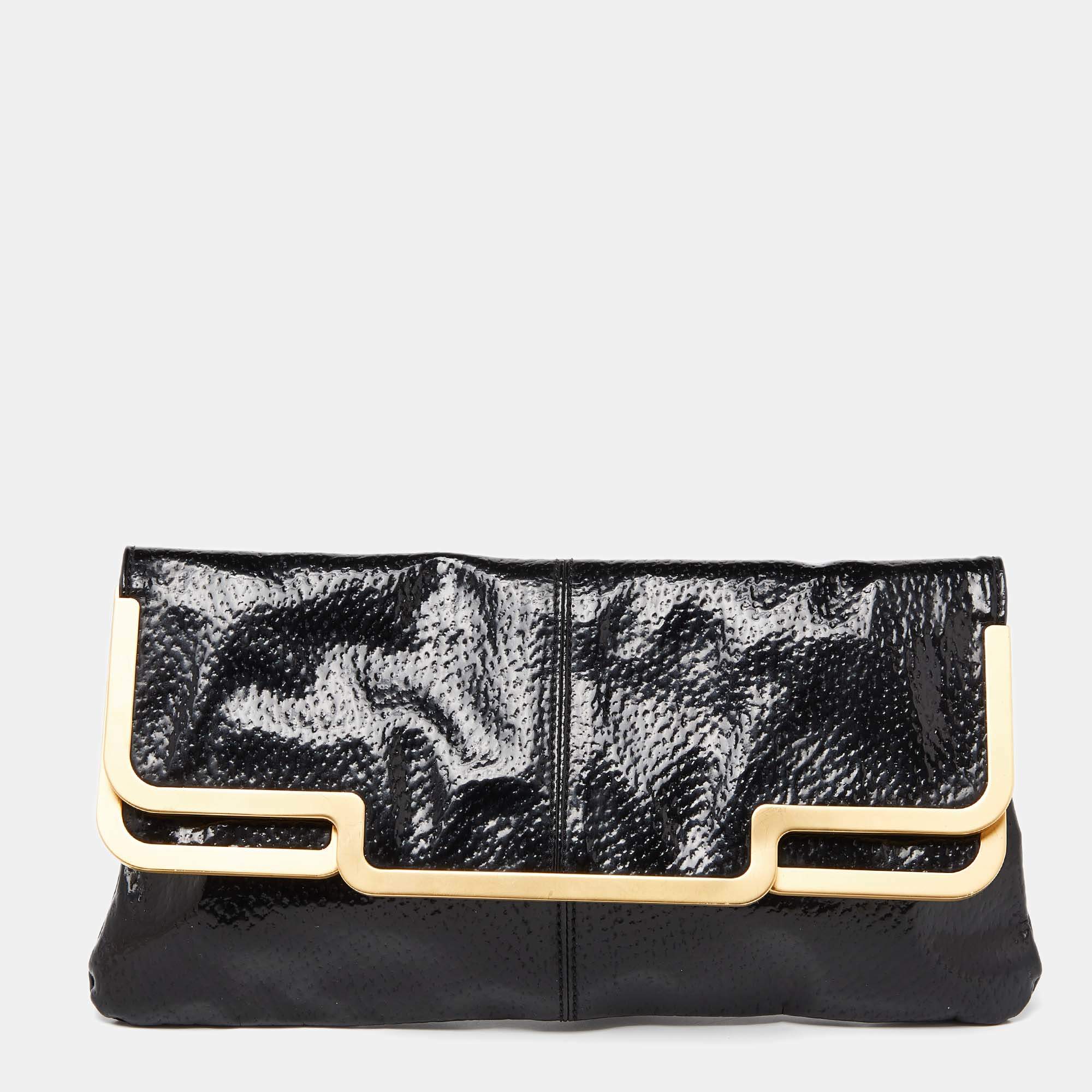 Stella McCartney Black Faux Patent Leather Metal Frame Clutch
