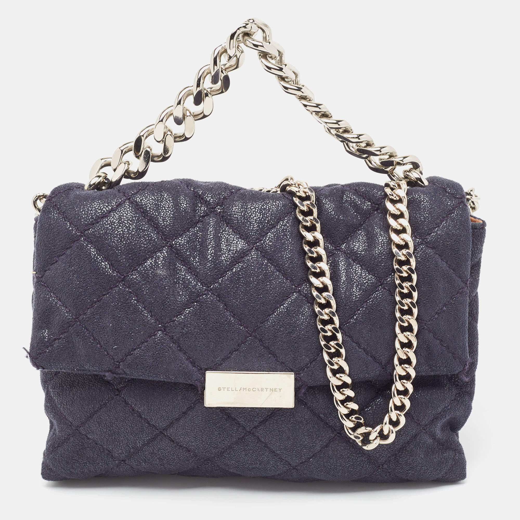 Pre Owned Stella McCartney Blue Quilted Faux Suede Medium Beckett Chain Bag