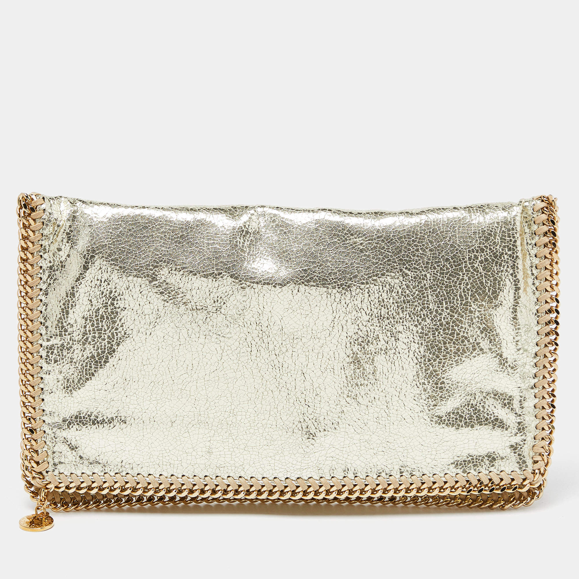 Pre Owned Stella McCartney Gold Crackled Faux Leather Falabella Fold-Over Clutch