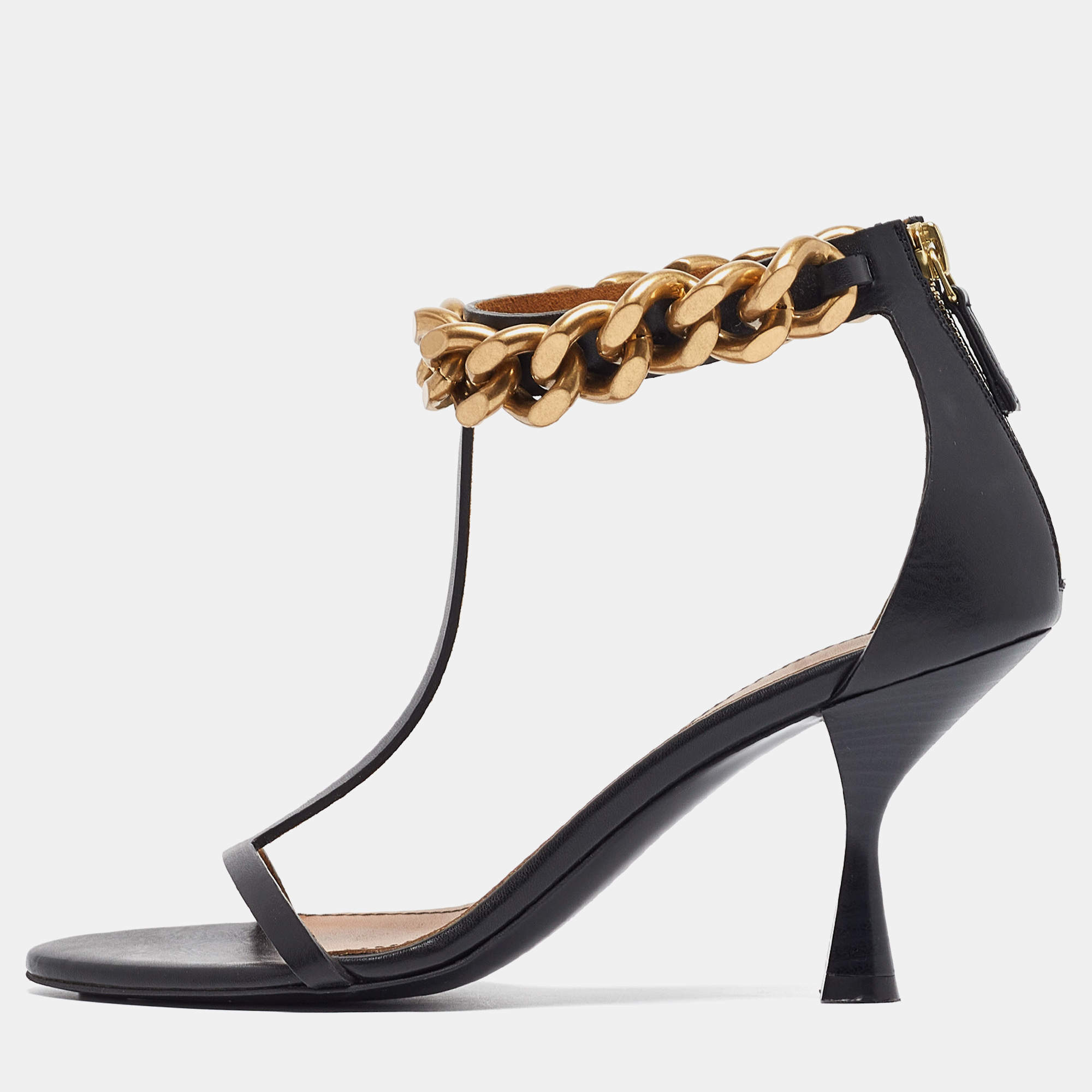 Pre Owned Stella McCartney Black Faux Leather Falabella T-Strap Sandals Size 38