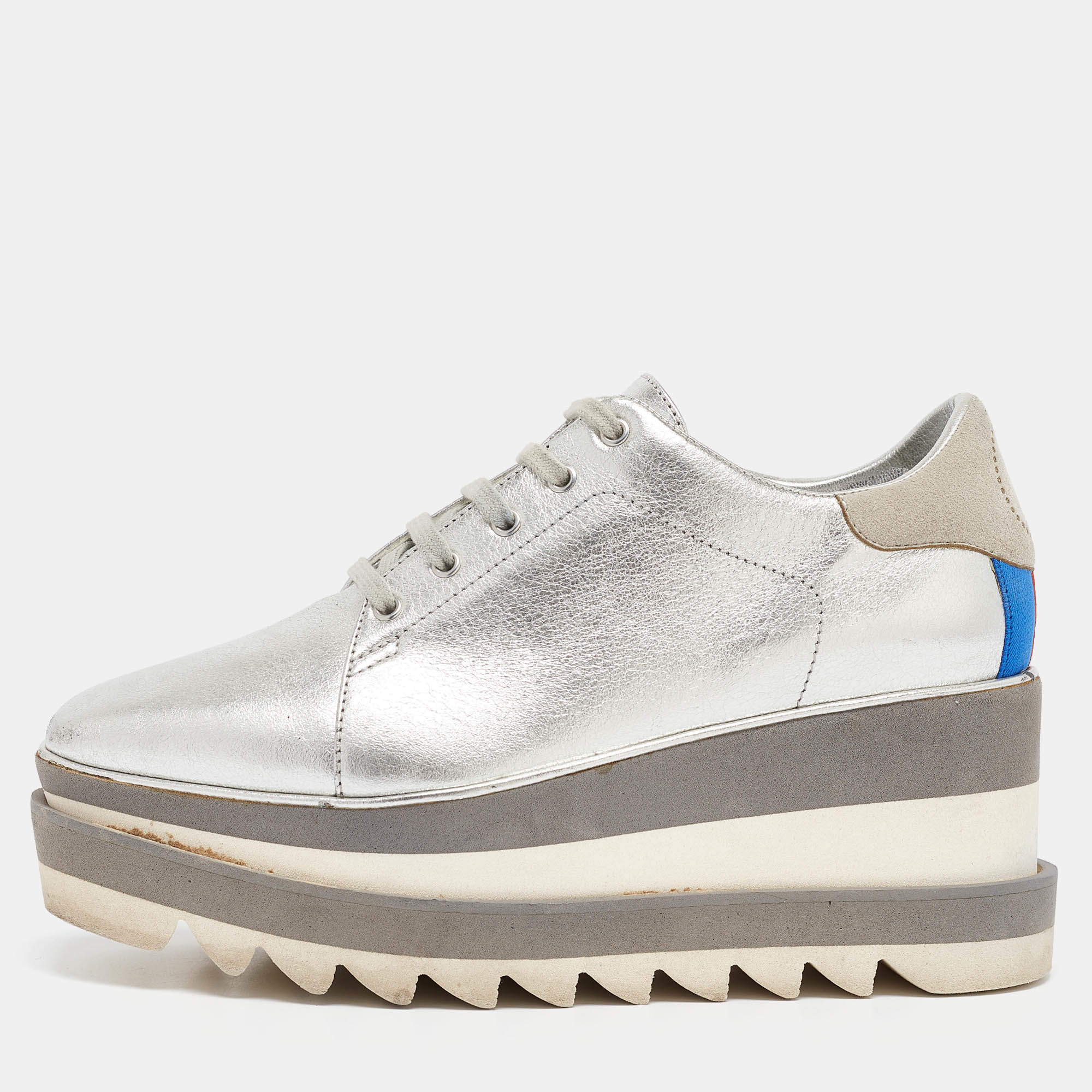 Pre Owned Stella McCartney Silver Faux Leather Elyse Wedge Sneakers Size 36