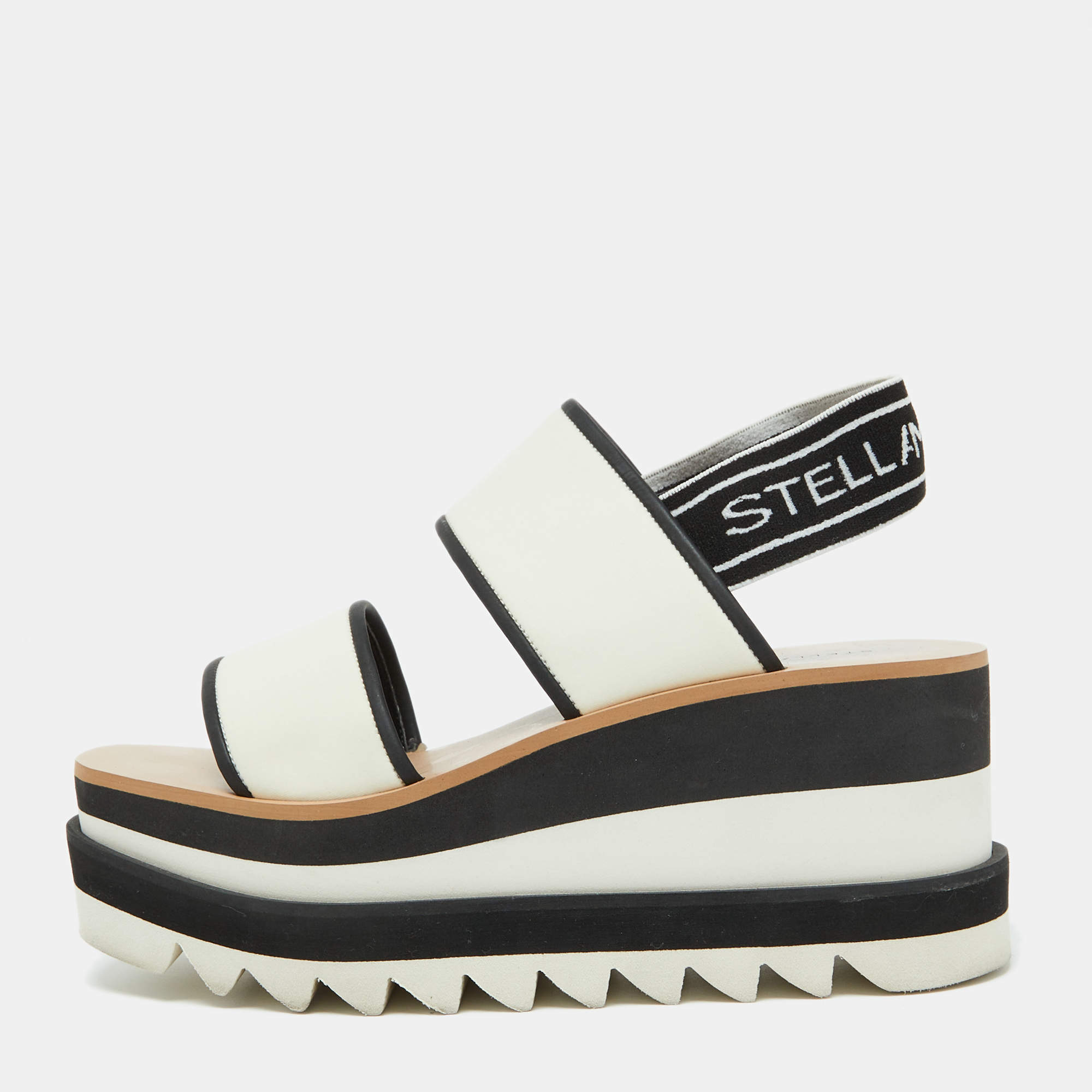 Pre Owned Stella McCartney White/Black Fabric Elyse Platform Wedge Sandals Size 37