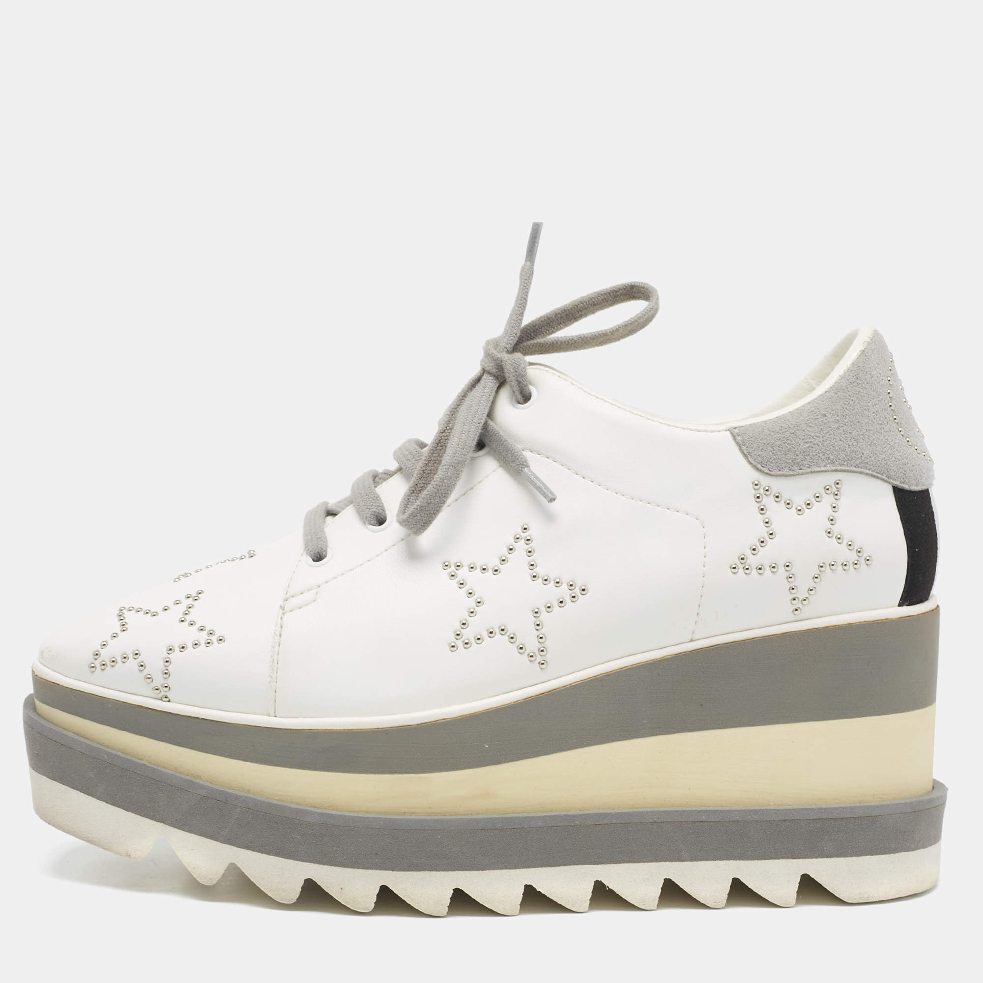 Stella McCartney White/Grey Faux Leather and Faux Suede Elyse Star Sneakers Size 36