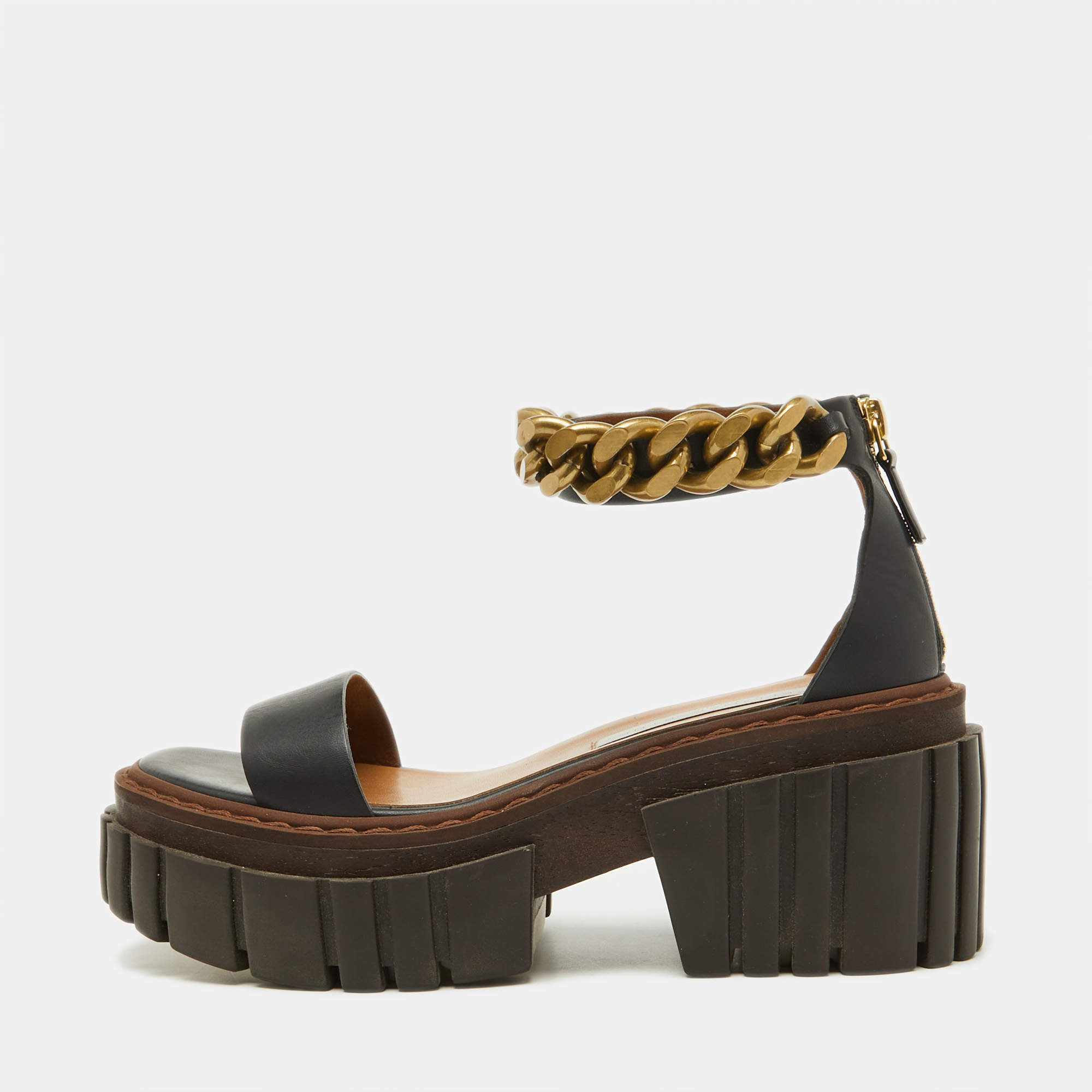 Pre Owned Stella McCartney Black Faux Leather Chain Falabella Platform Sandals Size 37