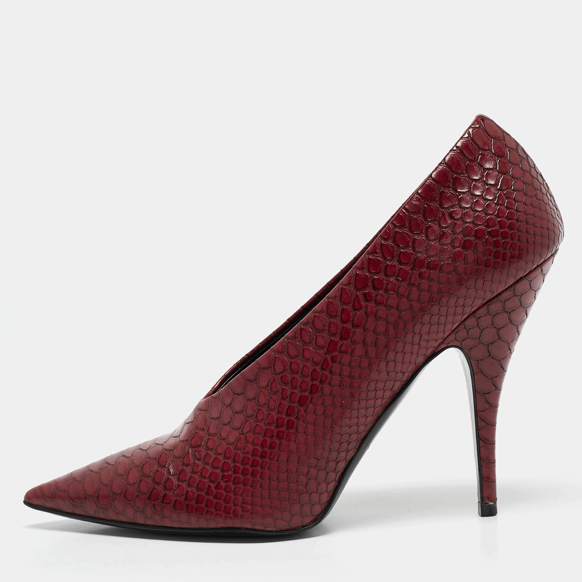 Stella McCartney Red Python Embossed Leather  V Neck Pointed Toe Pumps Size 37