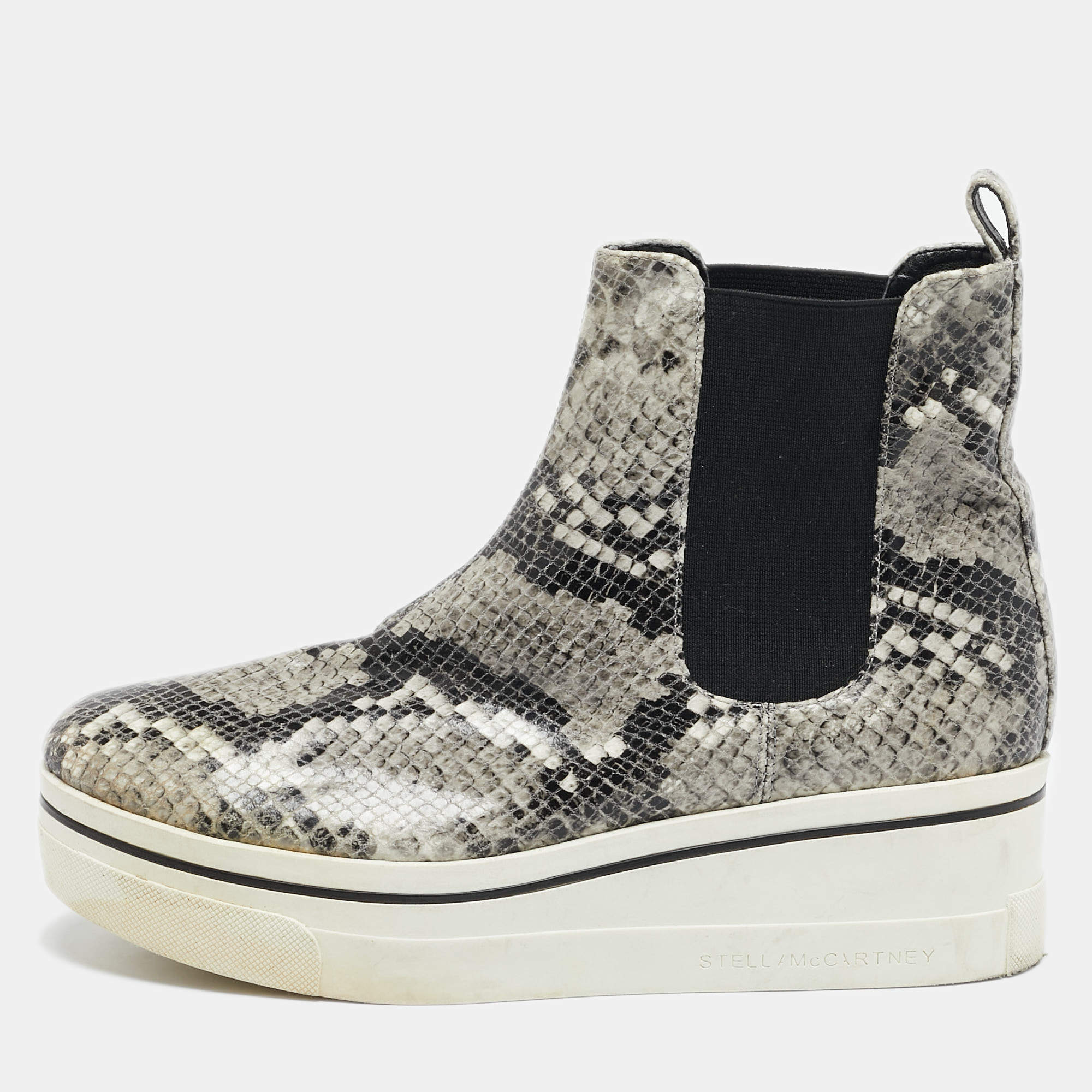 Stella McCartney Grey/Black Faux Snakeskin Leather Platform Ankle Boots Size 39