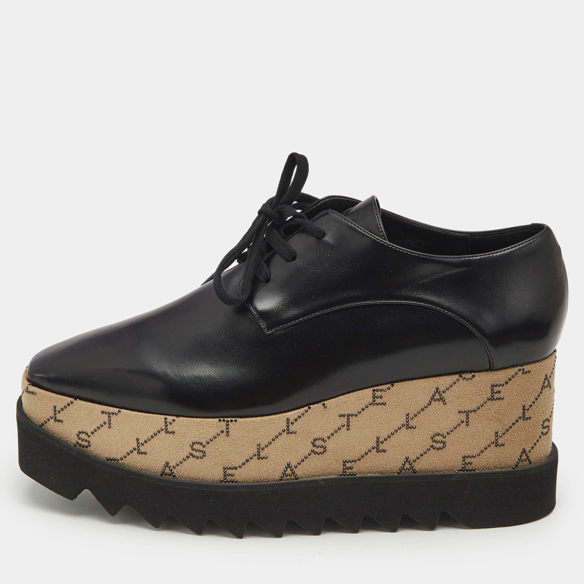 Stella McCartney Black Faux Leather Monogram Elyse Platform Derby Sneakers Size 39
