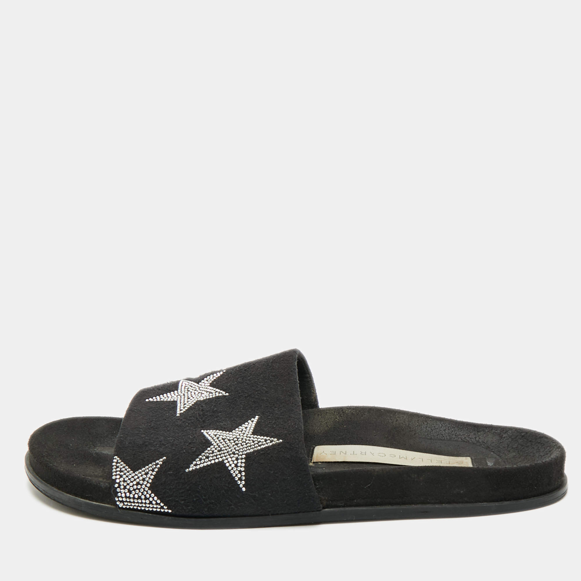 Pre Owned Stella McCartney Black Faux Suede Star Embellished Flat Slides Size 37