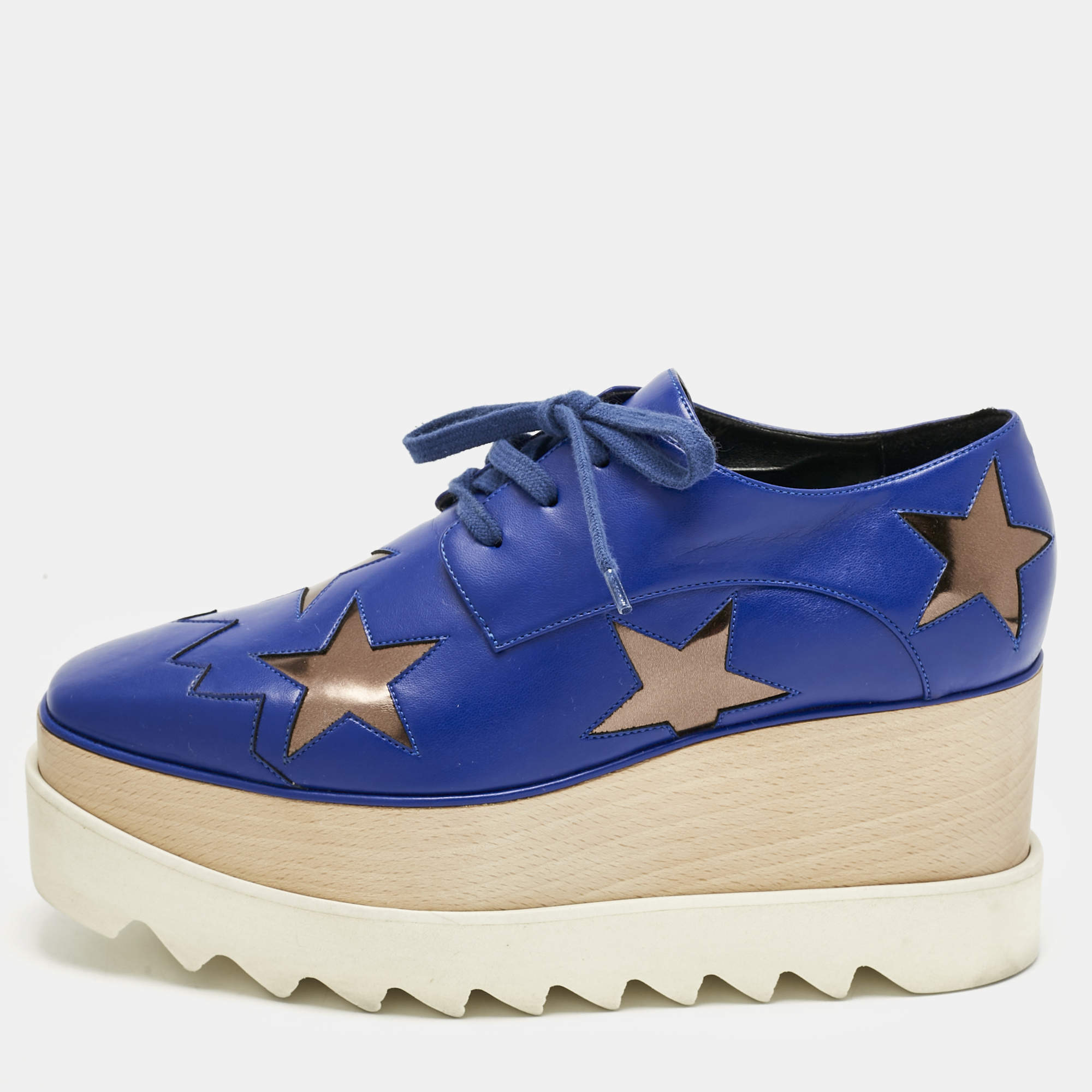 Pre Owned Stella McCartney Blue/Metallic Faux Leather Elyse Star Platform Lace Up Sneakers Size  Size 35.5