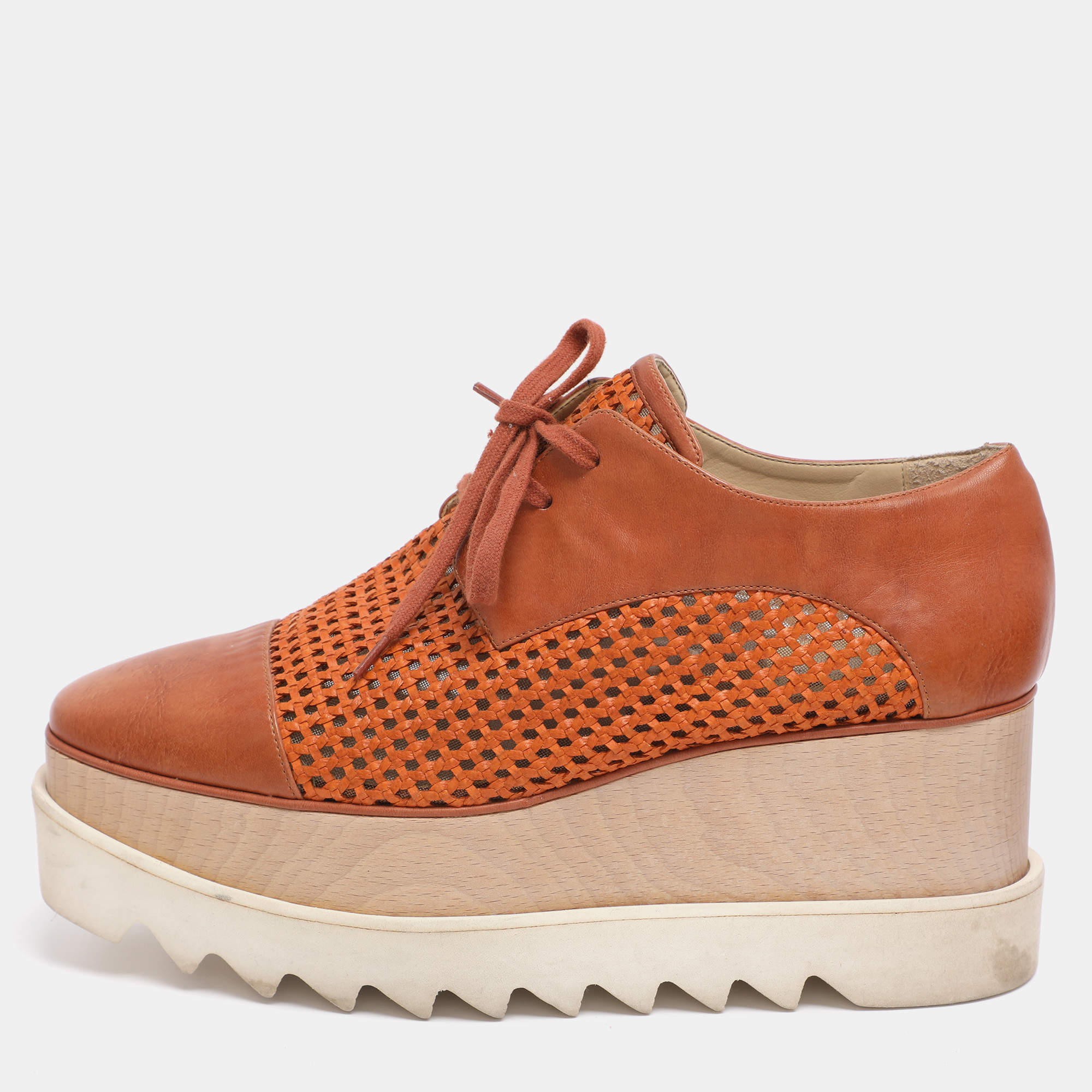 Pre Owned Stella McCartney Brown Faux Cut Out Leather Elyse Platform Derby Sneakers Size 39