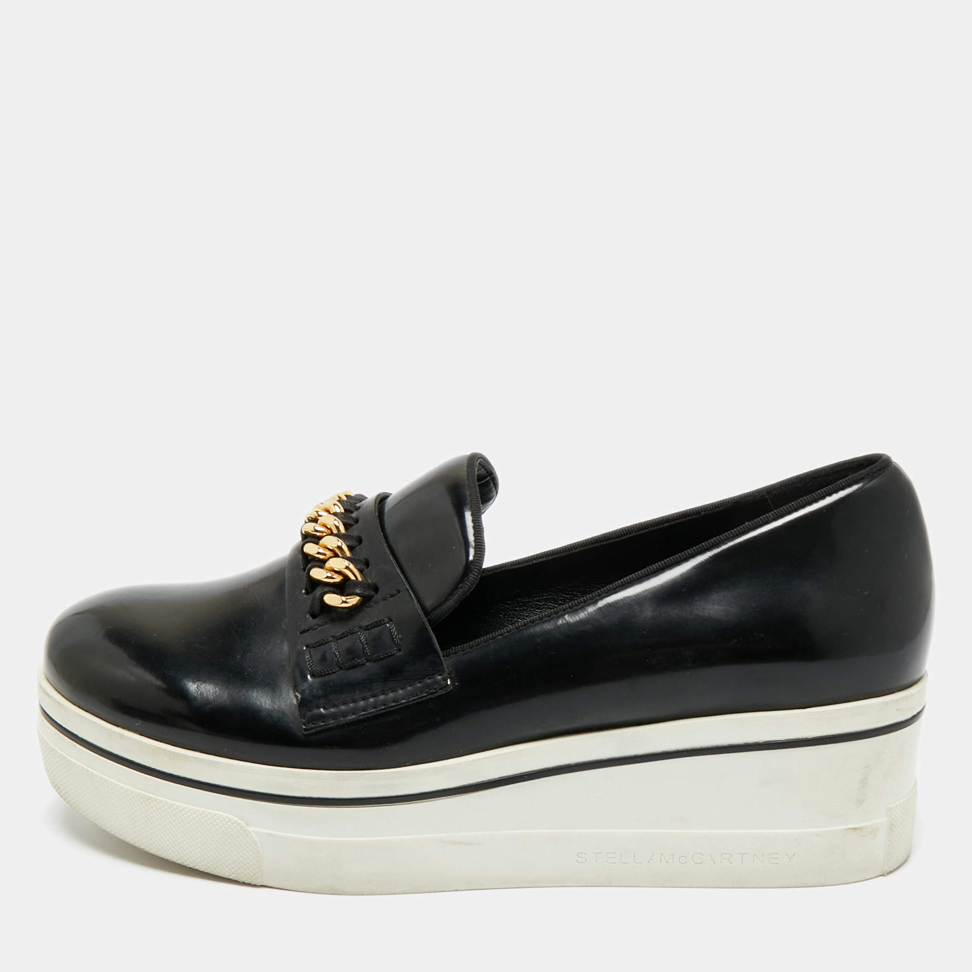 Pre Owned Stella McCartney Black Faux Leather Chain Link Platform Slip On Sneakers Size 38