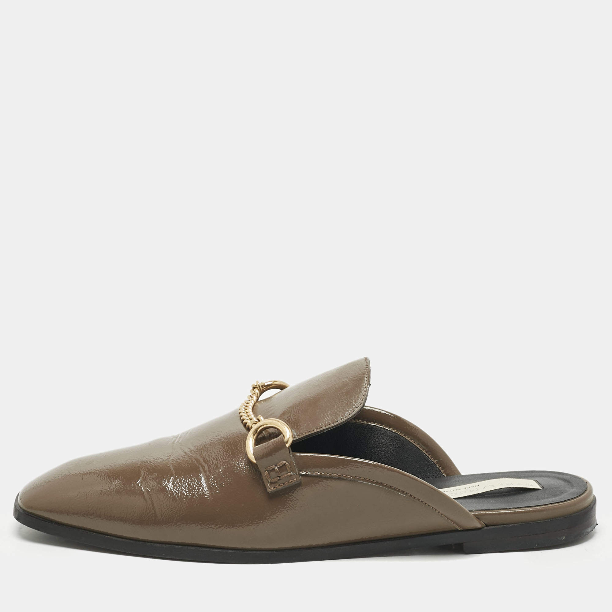 Pre Owned Stella McCartney Grey Faux Leather Chain Detail Mules Size 38.5