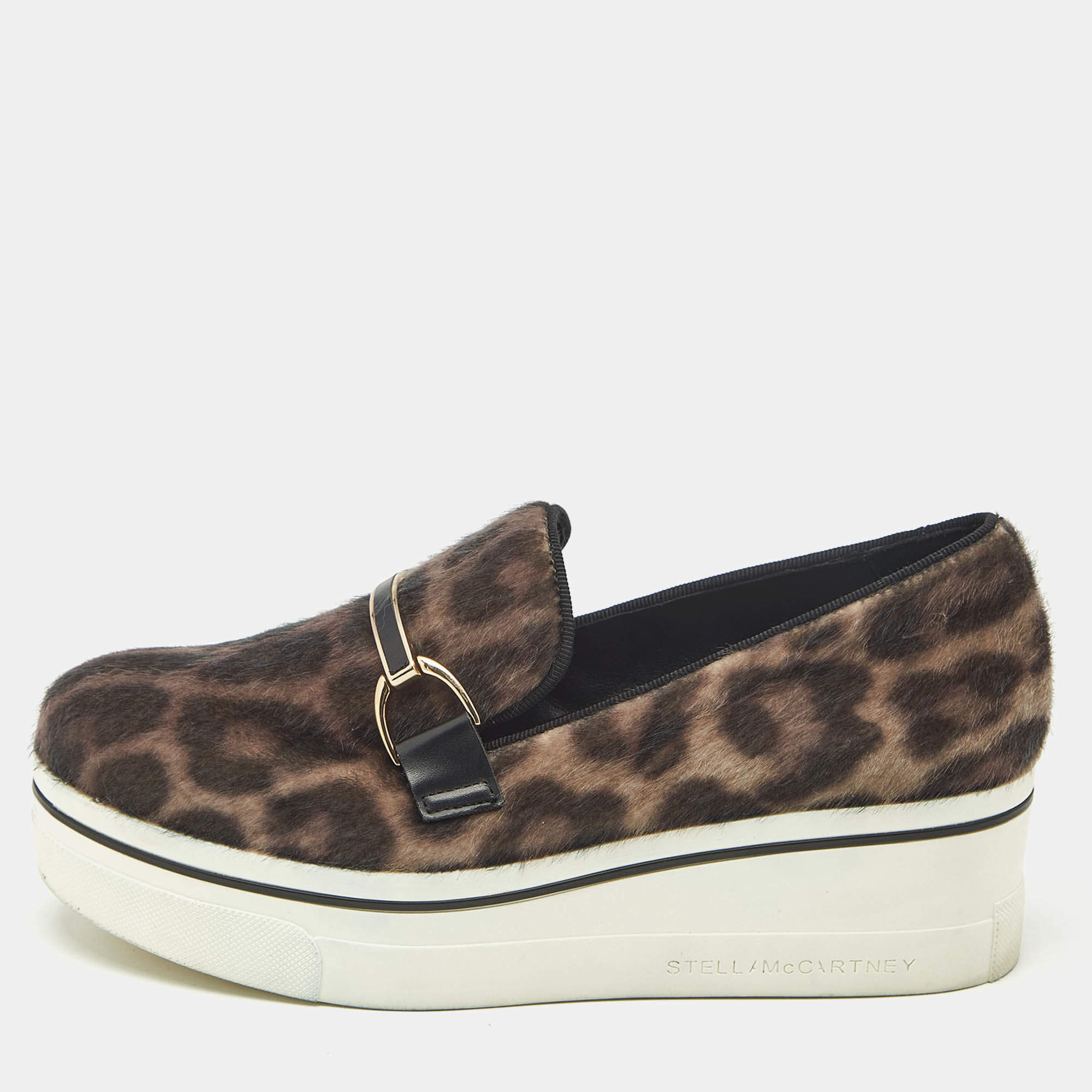 Pre Owned Stella McCartney Two Tone Leopard Print Calf Hair and Leather Binx Derby Sneakers Size 36