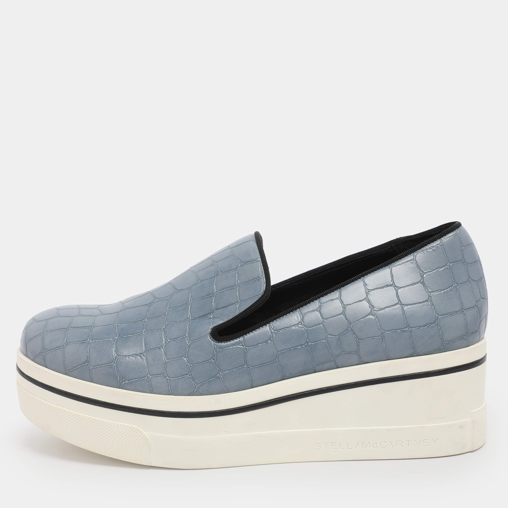 Pre Owned Stella McCartney Blue Faux Alligator Leather Binx Slip On Sneakers Size 35