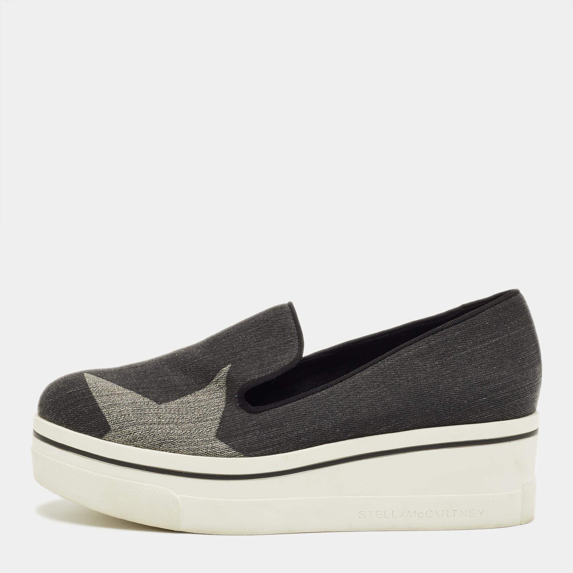 Pre Owned Stella McCartney Black/Grey Denim Binx Slip On Sneakers Size 36