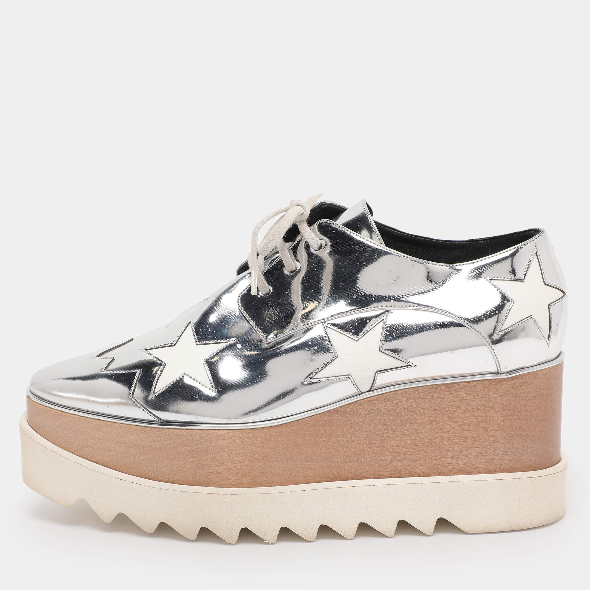 Pre Owned Stella McCartney Metallic Silver Faux Leather Elyse Star Platform Derby Size 40