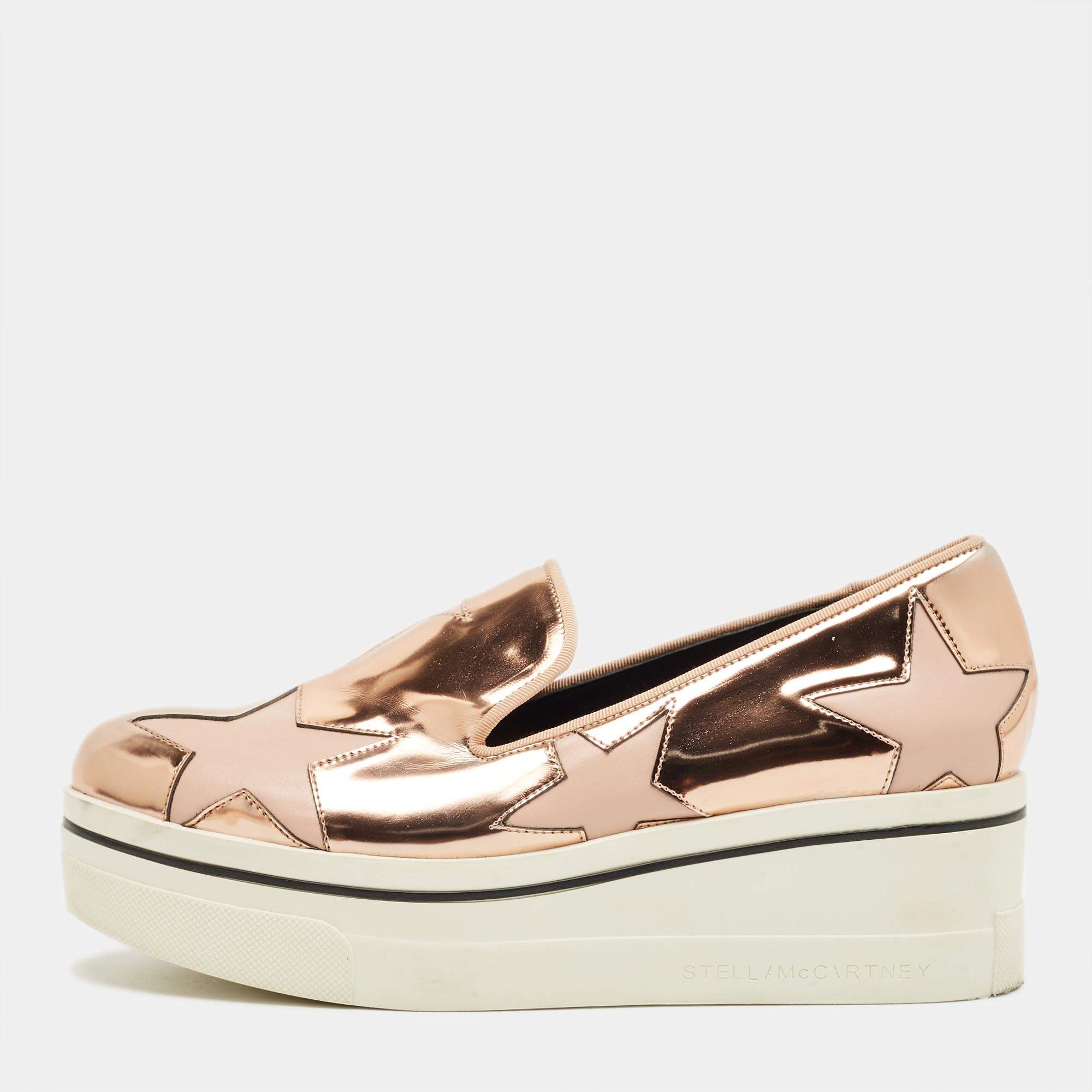Pre Owned Stella McCartney Metallic Rose Gold Faux Leather Binx Slip On Sneakers Size 35