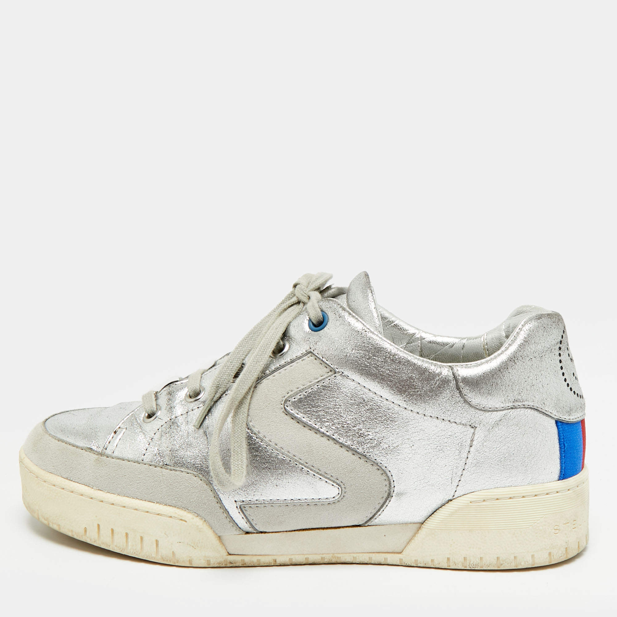 مملوكة مسبقًا Stella McCartney Size 38 Silver Faux Leather and Faux Suede Lace Up Sneakers